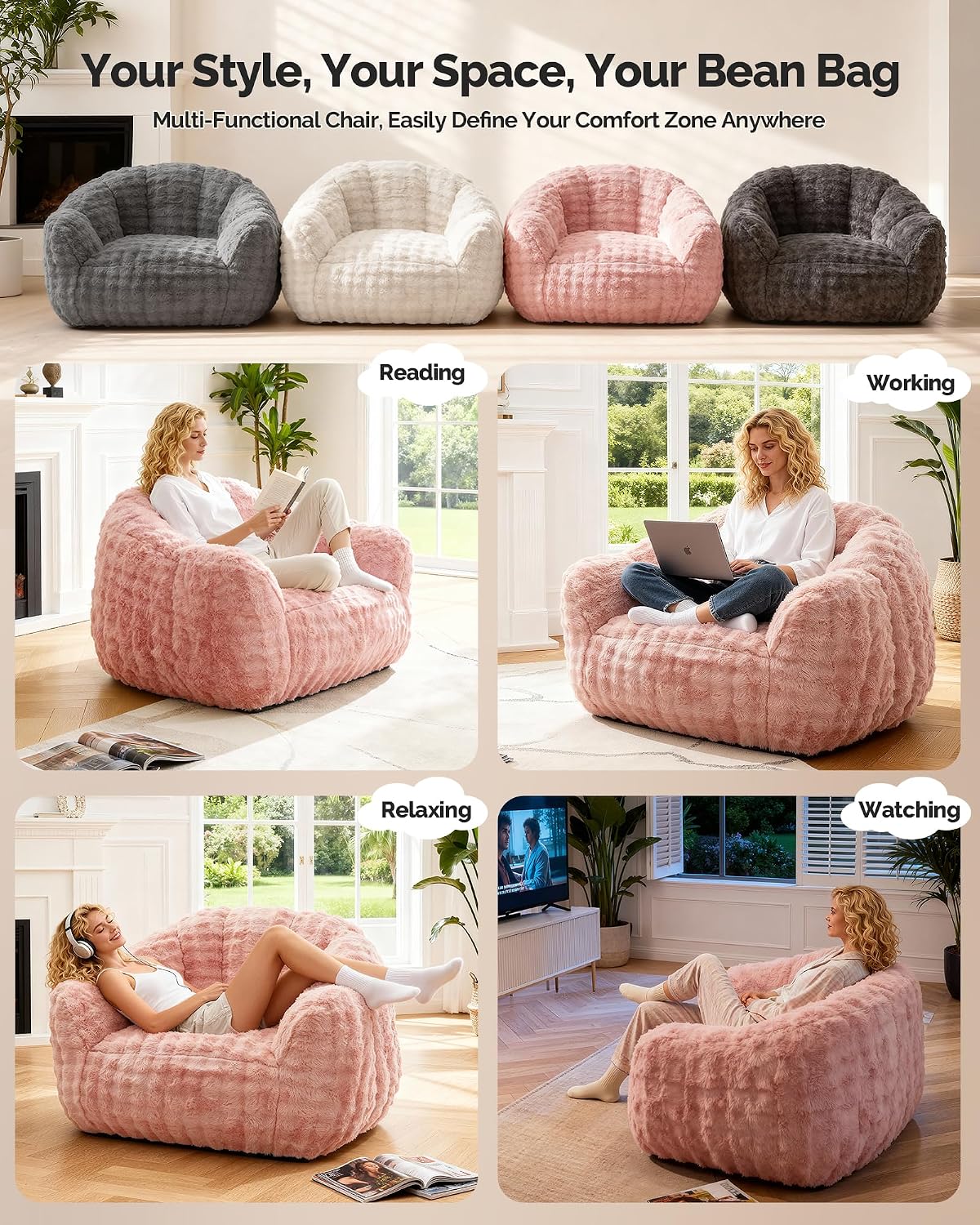 KINGYES Bean Bag Chair, Giant Bean Bag Couch with Memory Foam Filled, Gaming Beanbag Chair for Adults, Bean Bag for Kids & Teen, Pink