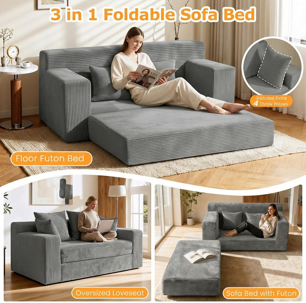 Winzon Boneless Loveseat, 3 in 1 Convertible Sofa Bed Sleeper Sofa Floor Futon Bed with 4 Pillows, 55' Grey Boneless Couch for Living Room, Guest Room, Small Space, No Assembly Required, Corduroy