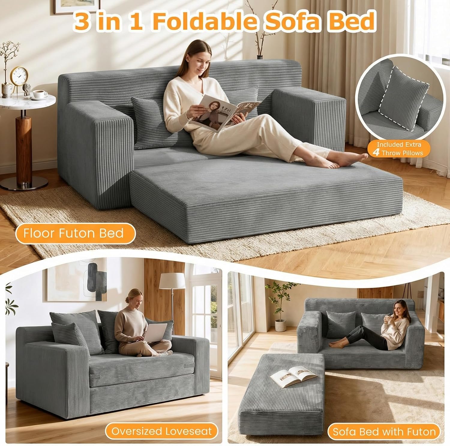 Winzon Boneless Loveseat, 3 in 1 Convertible Sofa Bed Sleeper Sofa Floor Futon Bed with 4 Pillows, 55' Grey Boneless Couch for Living Room, Guest Room, Small Space, No Assembly Required, Corduroy
