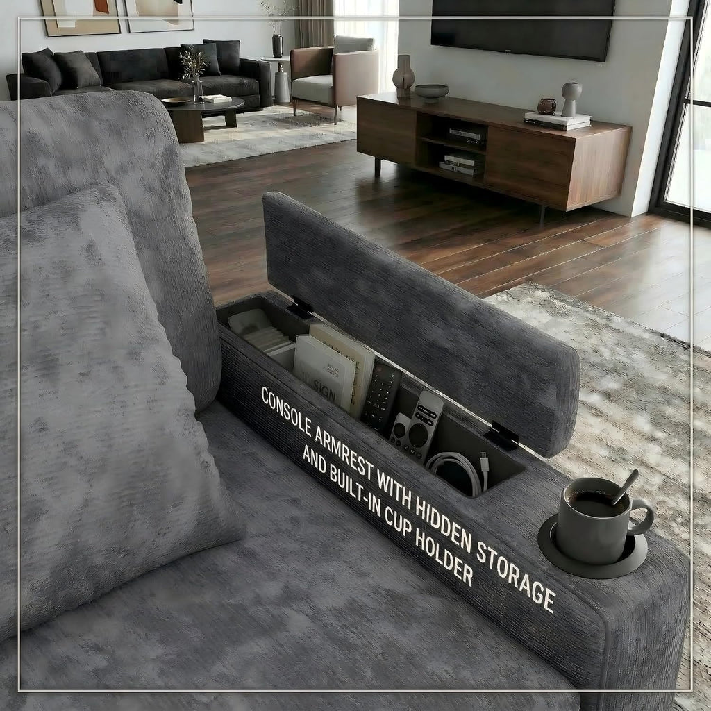 81' Modular Sectional Sofa, L Shaped 5-Seater Sleeper Sofa with Pull Out Bed, Hidden Storage, Cup Holders & USB Charging Ports, Sectional Couches for Living Room, Chenille, Grey