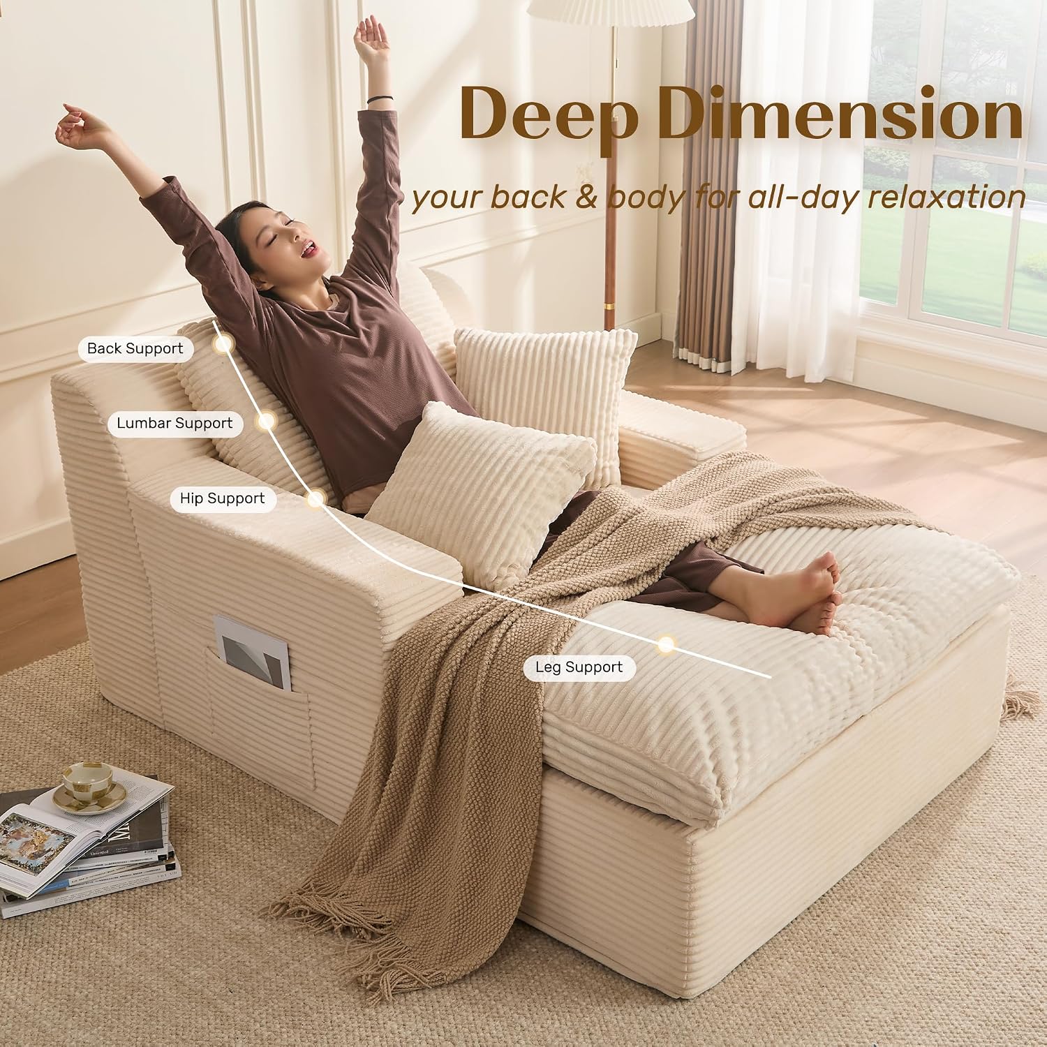 Afuson 63' Chaise Lounge Chair Indoor, Set of Convertible Sleeper Sofa Couch with Throw Pillows & Side Pockets, Corduroy Upholstered Oversized Sofa Bed with Armrests for Living Room Bedroom, Beige