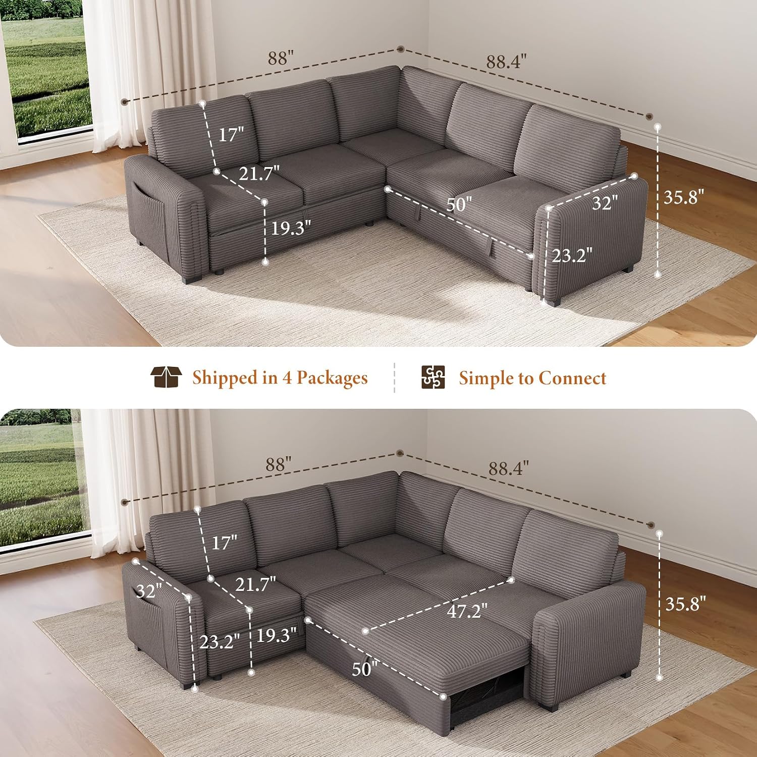 Vesgantti 88.4' Sleeper Sectional Couch with Pull Out Bed, 5 Seater L Shaped Modular Sectional Sofa with Storage, Comfy Corduroy Modular Sofa for Living Room, Bedroom, Apartment, Light Coffee