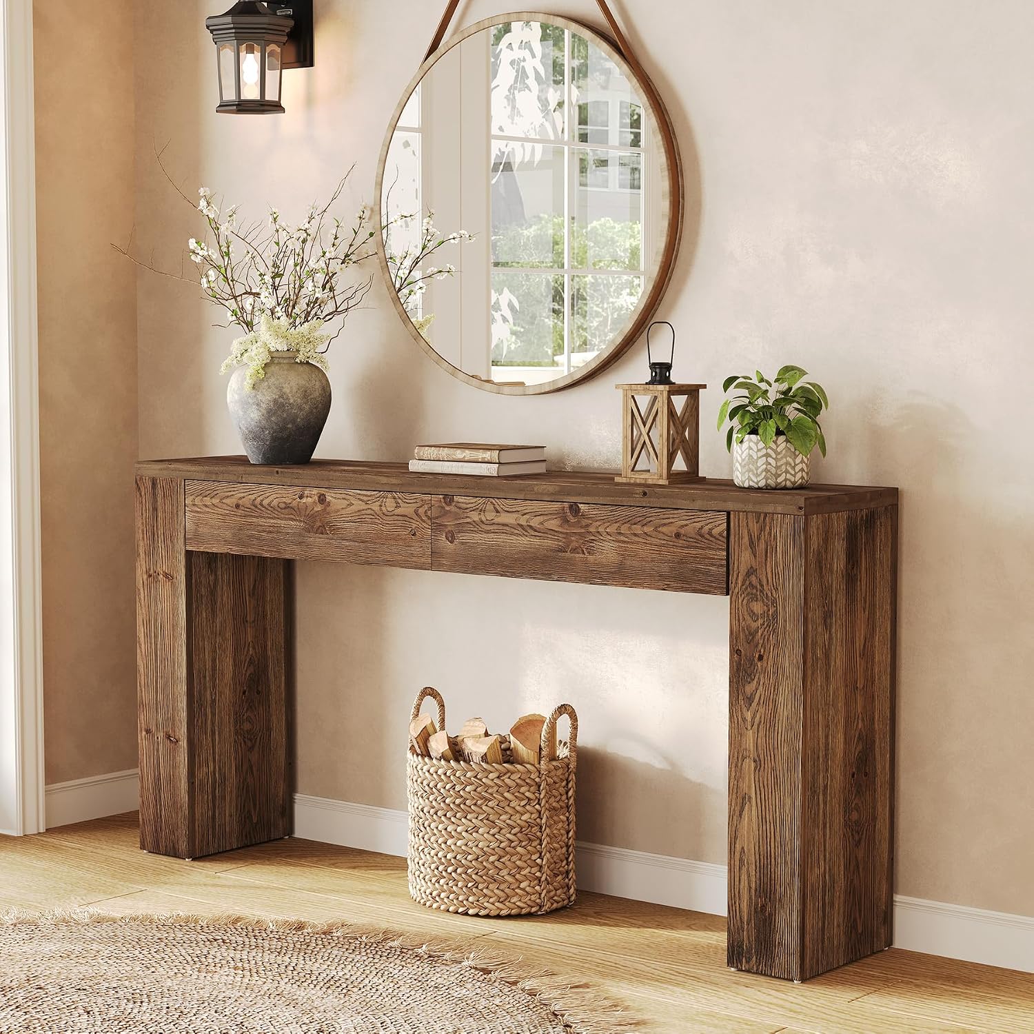 LITTLE TREE Sofa Table with 2 Drawers, 63 Inches Extra Long Console Table, Solid Wood Sofa Table Behind Couch, Large Entryway Hallway Foyer Tables for Living Room, Entrance, Rustic Brown