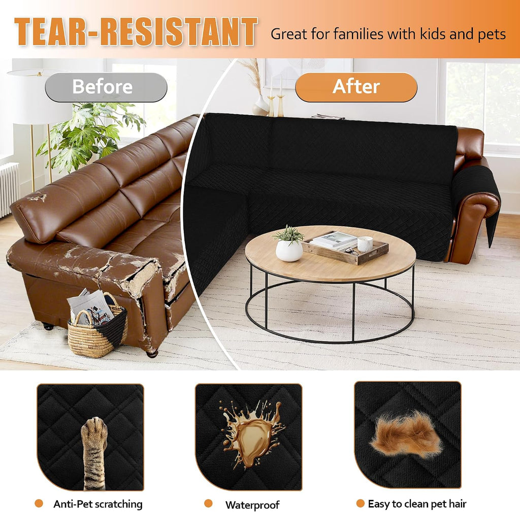 Arfntevss Waterproof Sectional Couch Covers L Shape Washable Velvet Sofa Cover for Sectional Non Slip Large Corner Slipcovers Dog 6 Pcs Universal U Shaped Furniture Protector (Black, XX-Large)