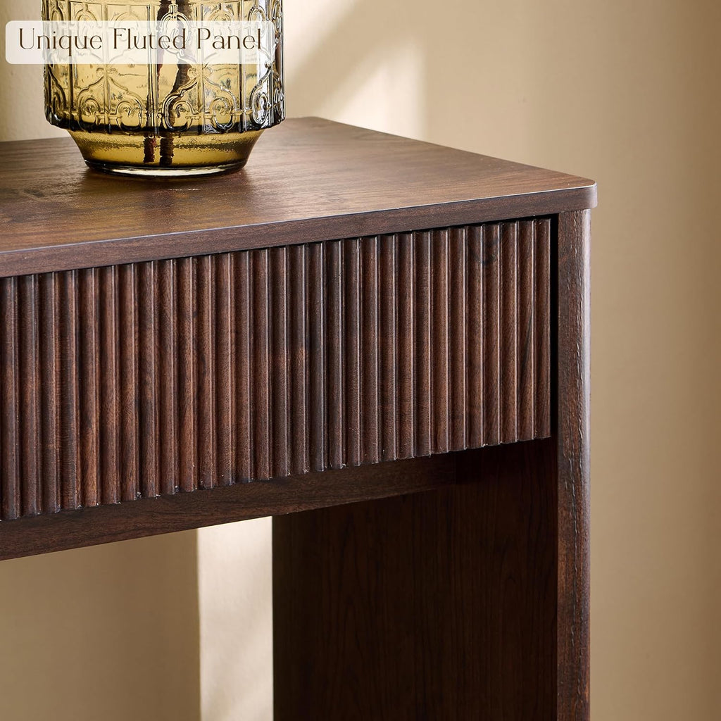 OKD 63' Fluted Console Table for Entryway, Modern Entryway Table with 2 Large Drawers, Long Sofa Table Behind Couch for Living Room, Hallway, Couch, Foyer，Dark Walnut