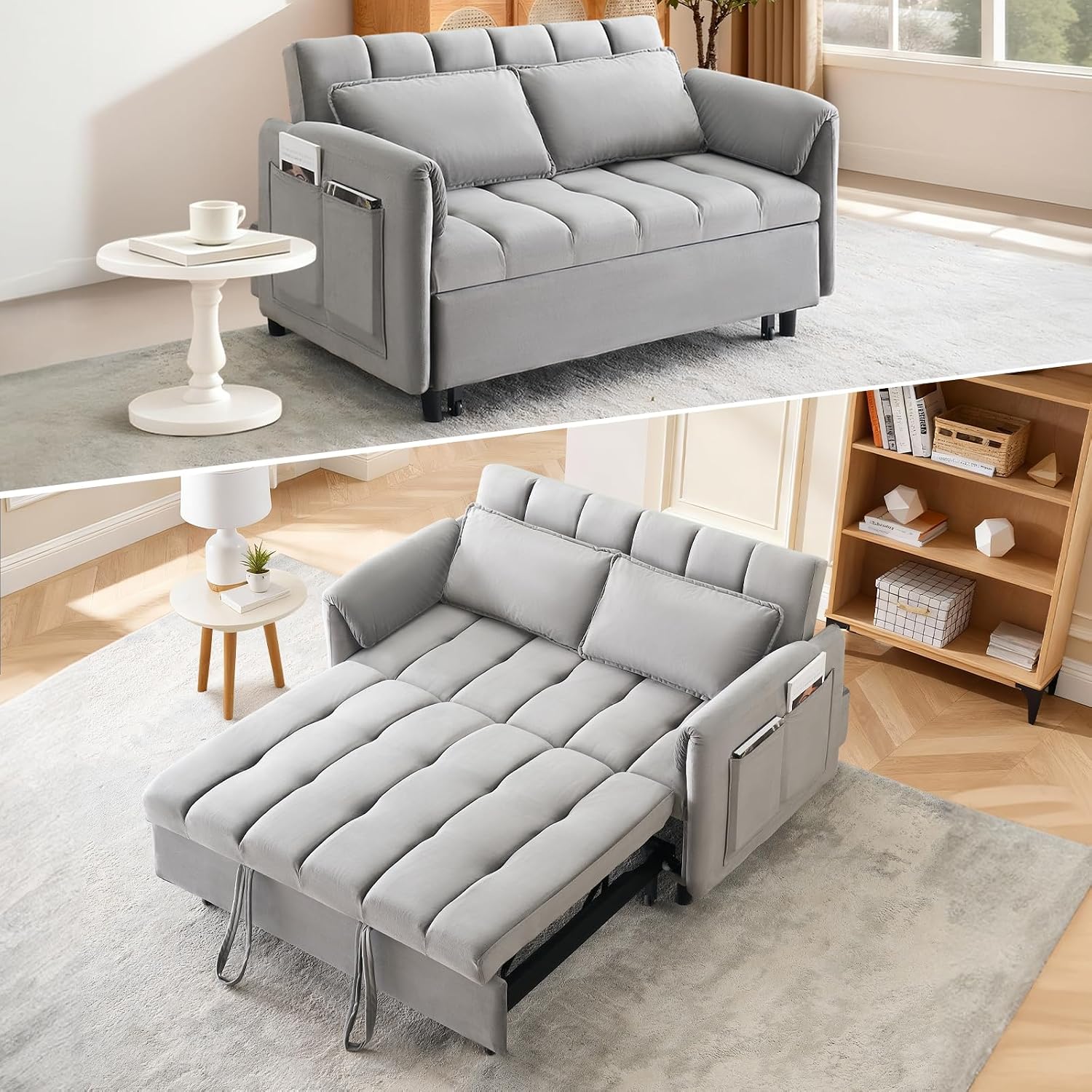 CAPCAEK 3 in 1 Convertible Sleeper Sofa Bed, Modern Velvet Loveseat Pull-Out Couch w/Pullout Bed, Small Love Seat Lounge Sofa w/Reclining Backrest,Toss Pillows, Pockets, for Living Room