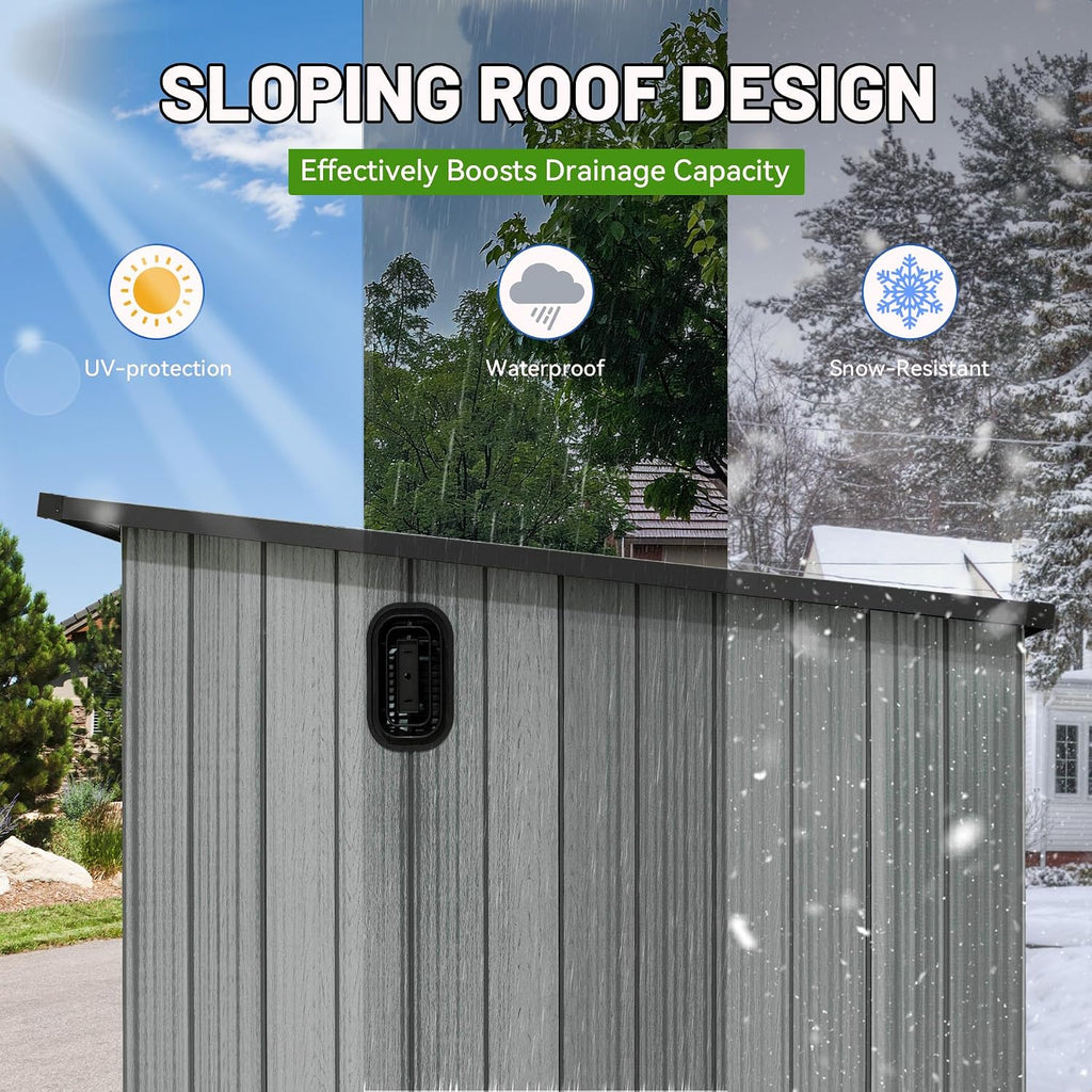 6x9 FT Outdoor Resin Storage Shed with Mats, All-Weather Sloping Plastic Storage Sheds with Lockable Doors & Vents, Outside Tool Storage Shed for Backyard, Garden, Mower, Bike & Pool Equipment