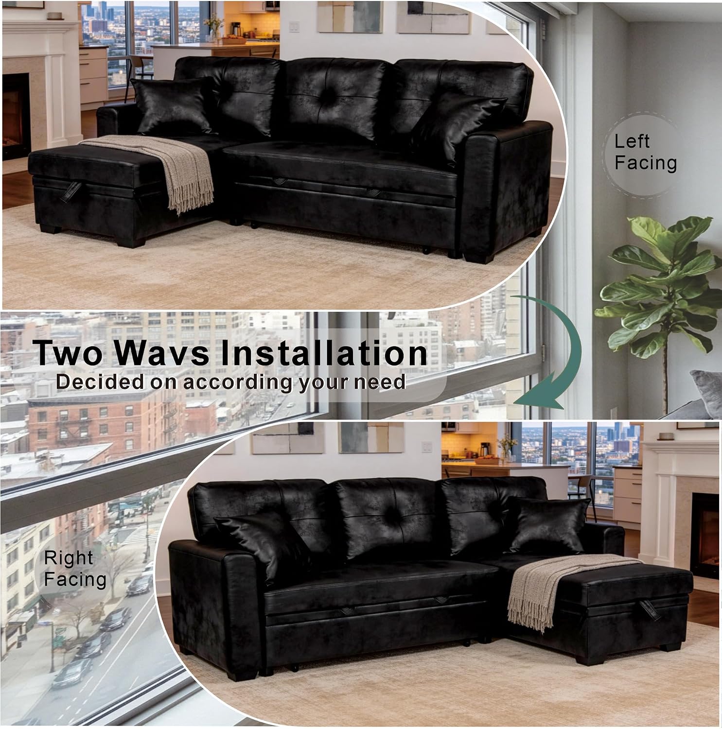 71' L-Shaped Couch with Pull Out Bed, Modern Sofa Bed Couch with Storage, Foil Fabric Convertible Sleeper Sofa, Multi-Functional Sectional Couches for Living Room, Apartment, Black