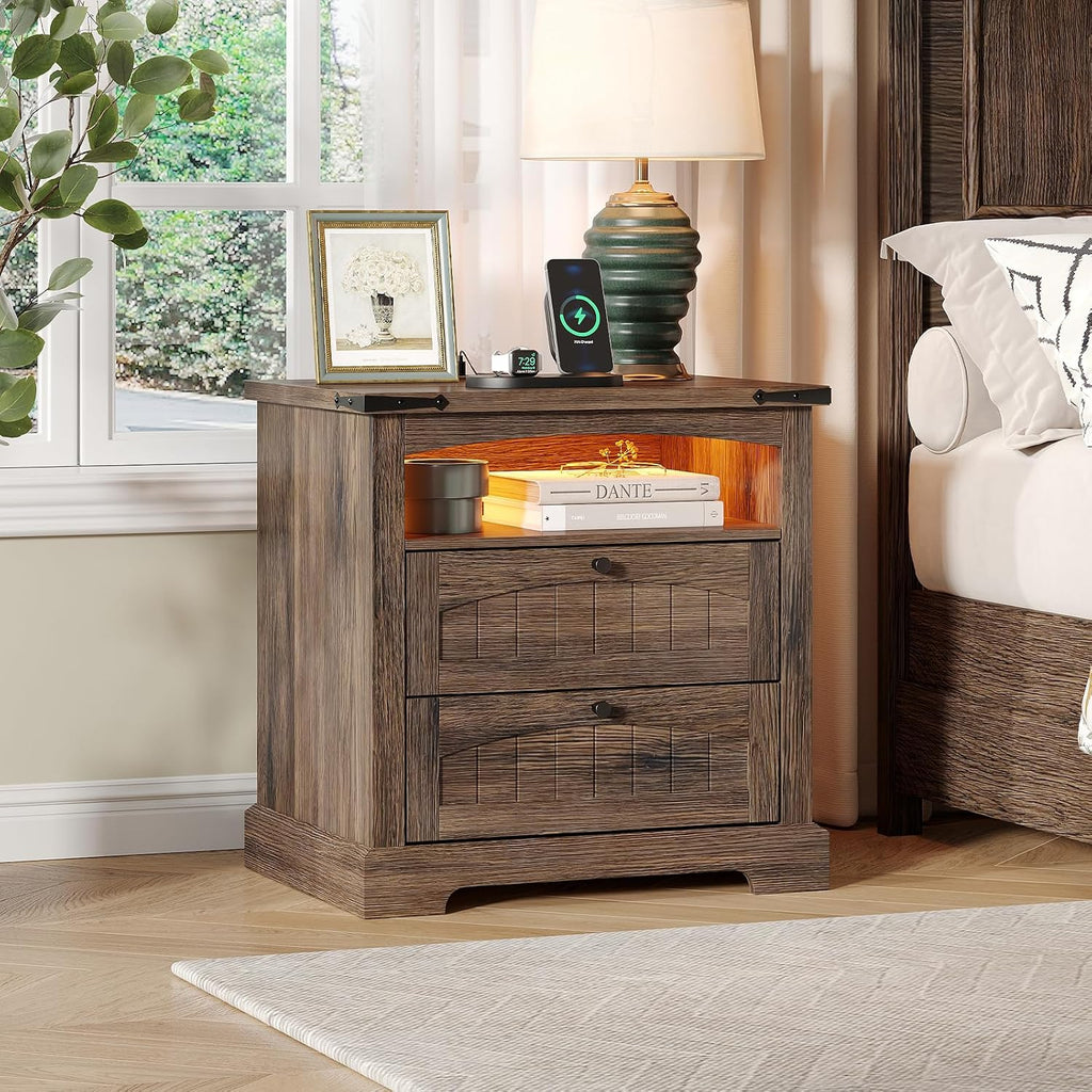 Vabches Nightstand with Charging Station, Vintage End Table with 2 Drawers, Wood Rustic Sofa Side Table with Open Storage Shelf for Bedroom, Living Room
