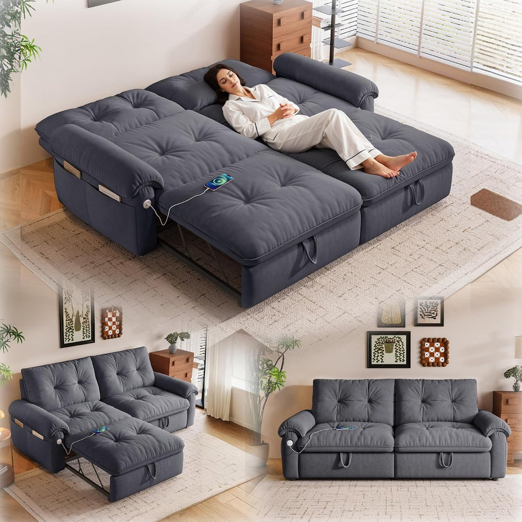 77' Queen Size Sofa Bed, Loveseat Sleeper Sofa with Pull Out Bed, Pockets and USB, Modern 2 Seater Convertible Small Couch for Living Room Bedroom Apartment, Gray