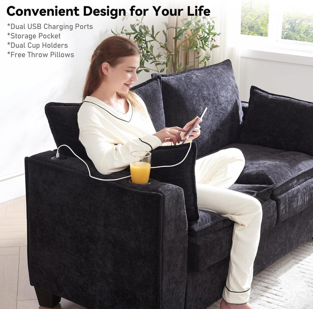 Brelice 65' Pull Out Sofa Bed, Sleeper Sofa Couch, 2-in-1 Convertible Chenille Loveseat with USB Charging Ports and Memory Foam Mattress, Full Size Pullout Bed for Living Room, Apartment or Office