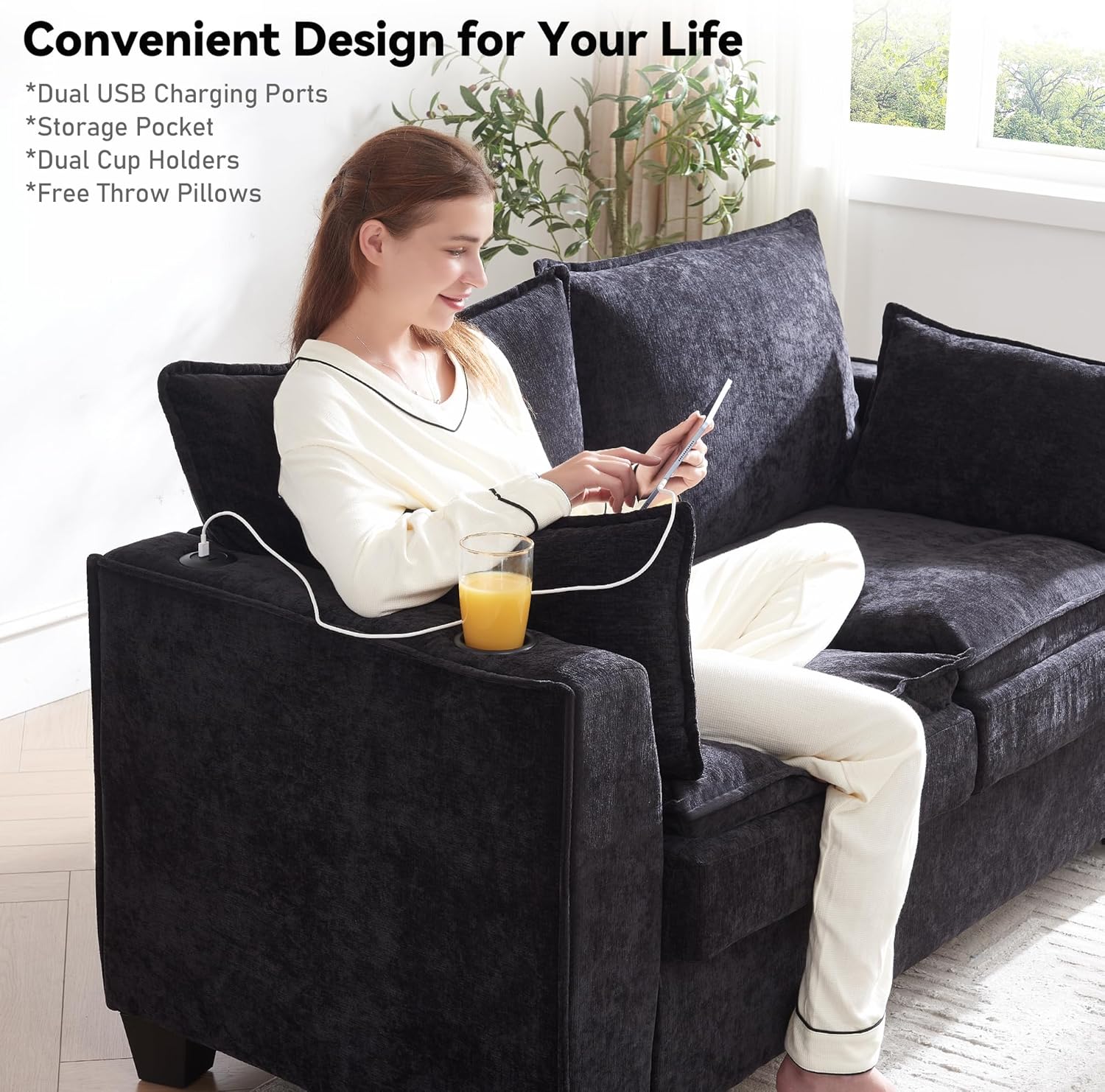 Brelice 65' Pull Out Sofa Bed, Sleeper Sofa Couch, 2-in-1 Convertible Chenille Loveseat with USB Charging Ports and Memory Foam Mattress, Full Size Pullout Bed for Living Room, Apartment or Office