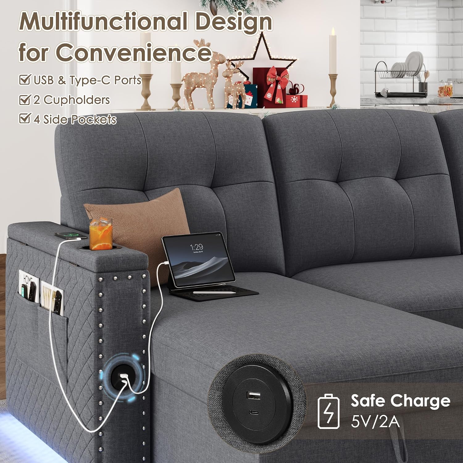 HIFIT Sleeper Sofa Bed- 81' L Shaped Pull Out Couches for Living Room with Storage Chaise, 2 Storage Armrest, LED Light&USB Port&Cupholder, Modern Linen Sectional Home Sofa Living Room Furniture, Grey