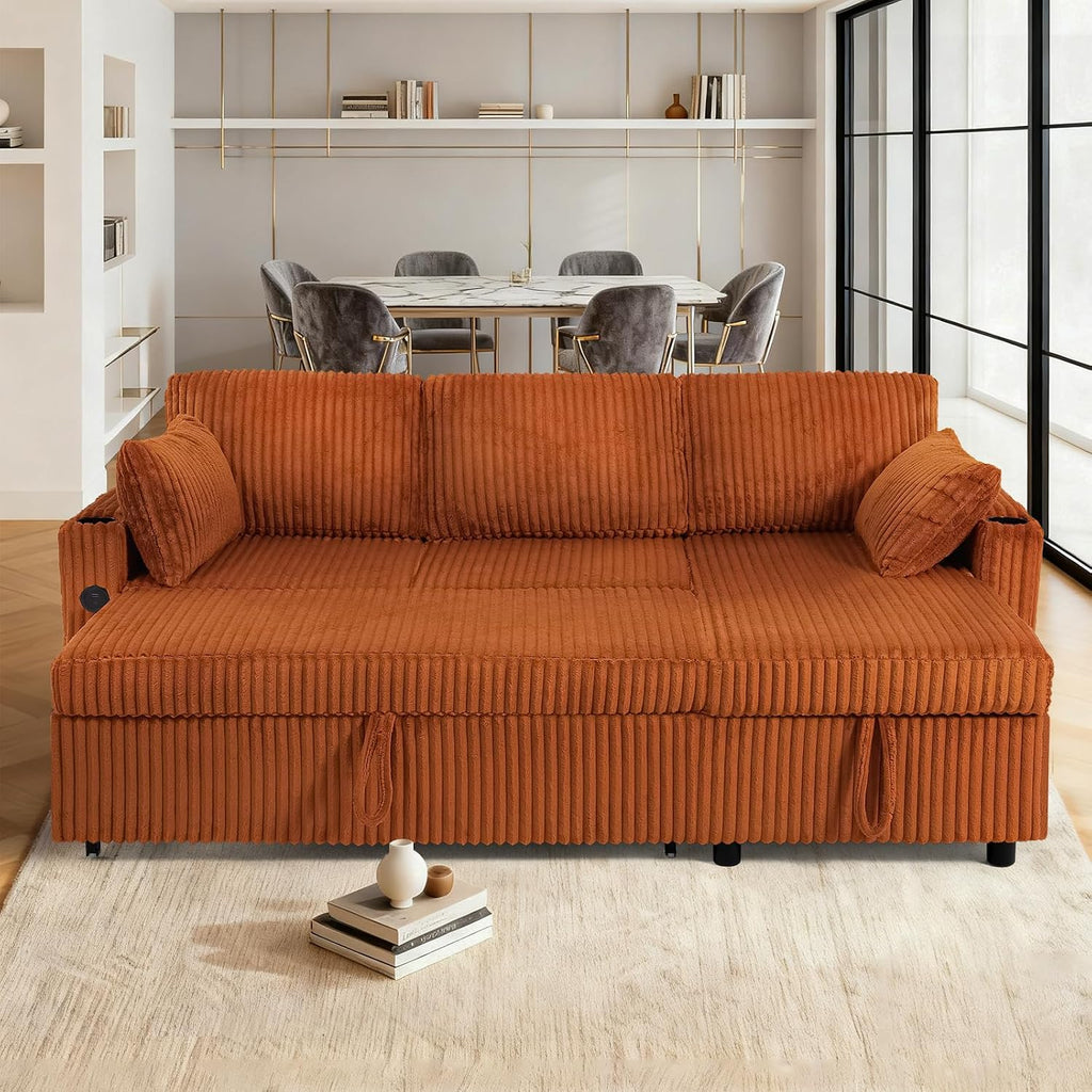 84' Corduroy Sectional Sleeper Sofa Bed w/Adjustable Backrests & USB Charging Port, L-Shape Couch Bed w/Storage Chaise, Convertible 3 Seater Sofa w/Cup Holders for Living Room, House, Orange