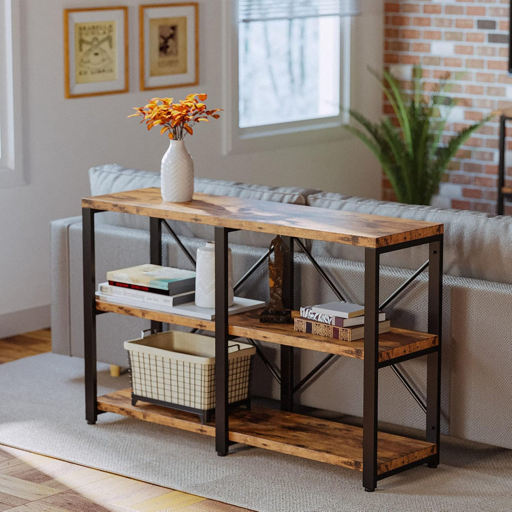 IRONCK Rustic Entryway Console Table, Long Hallway Table 47 in 3-Tier, TV Stand Entertainment Center Media Stand for Living Room, Industrial Style, Vintage Brown