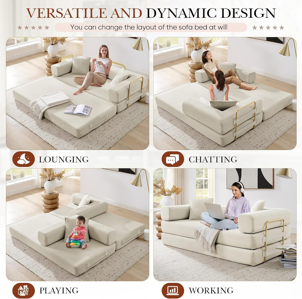 Antetek Modular Couch Bed, Convertible Folding Plush Corduroy Comfy Floor Memory Foam Compression Loveseat Sleeper Sofa Couch, King Size Bed for Guest Room Living Room Bedroom, No Assembly, Cream