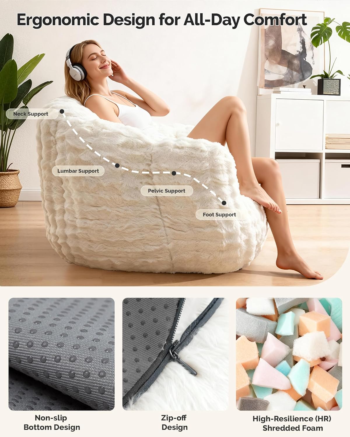 KINGYES Giant Bean Bag Chair, Fluffy Bean Bag Chair with Armrest, Memory Foam Beanbag for Adults, Beige(Pillow not Included)