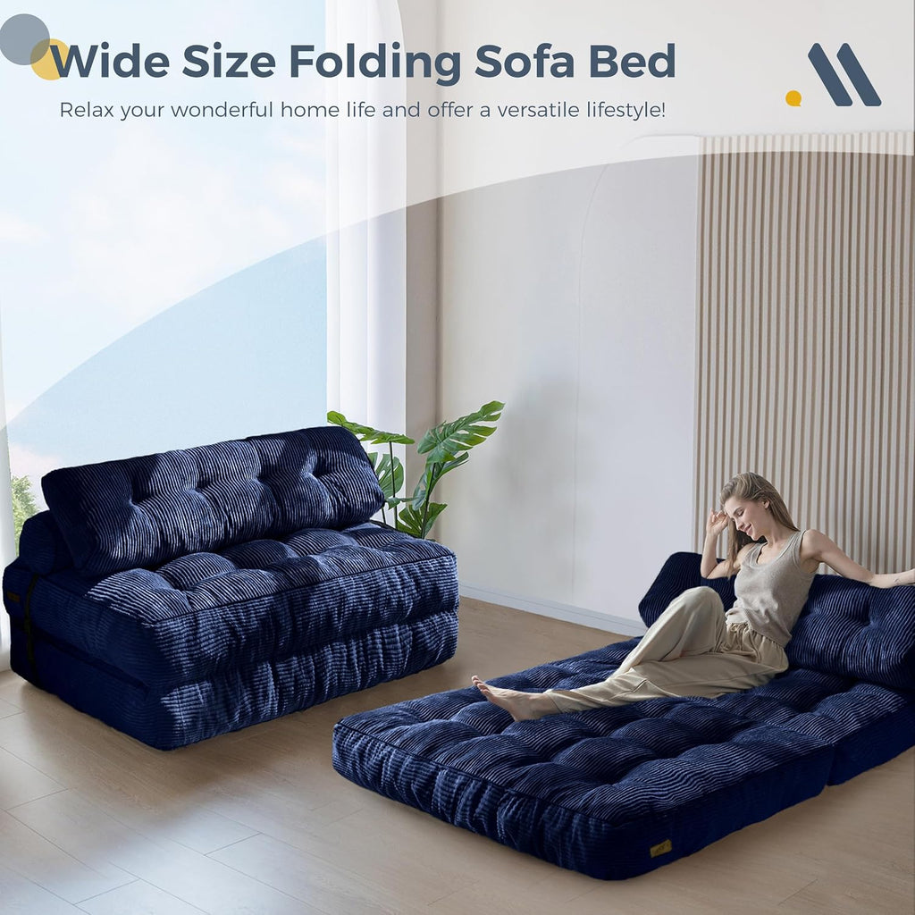 MAXYOYO Folding Sofa Bed, Convertible Sleeper Chair with Pillow Foldable Mattress with Back Support, Portable Fold Out Chair Bed Comfy Floor Sofa Lounge for Living Room Bedroom, Navy Double