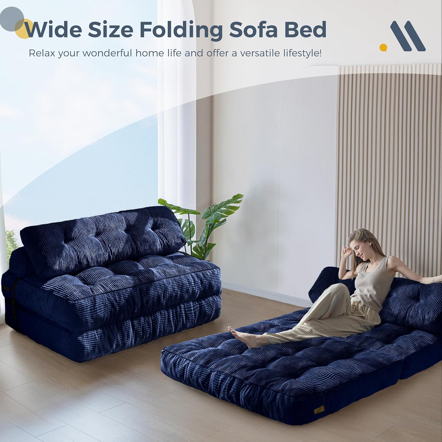 MAXYOYO Folding Sofa Bed, Convertible Sleeper Chair with Pillow Foldable Mattress with Back Support, Portable Fold Out Chair Bed Comfy Floor Sofa Lounge for Living Room Bedroom, Navy Double