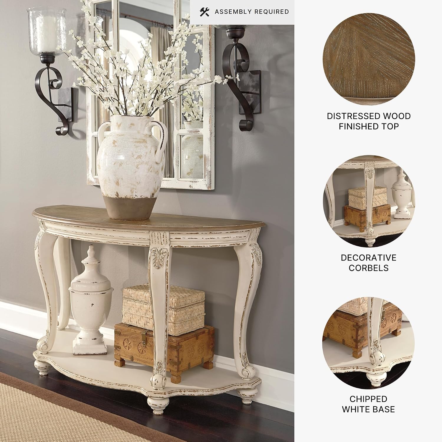 Signature Design by Ashley Realyn French Country Semi-Circle Console Table, White & Brown