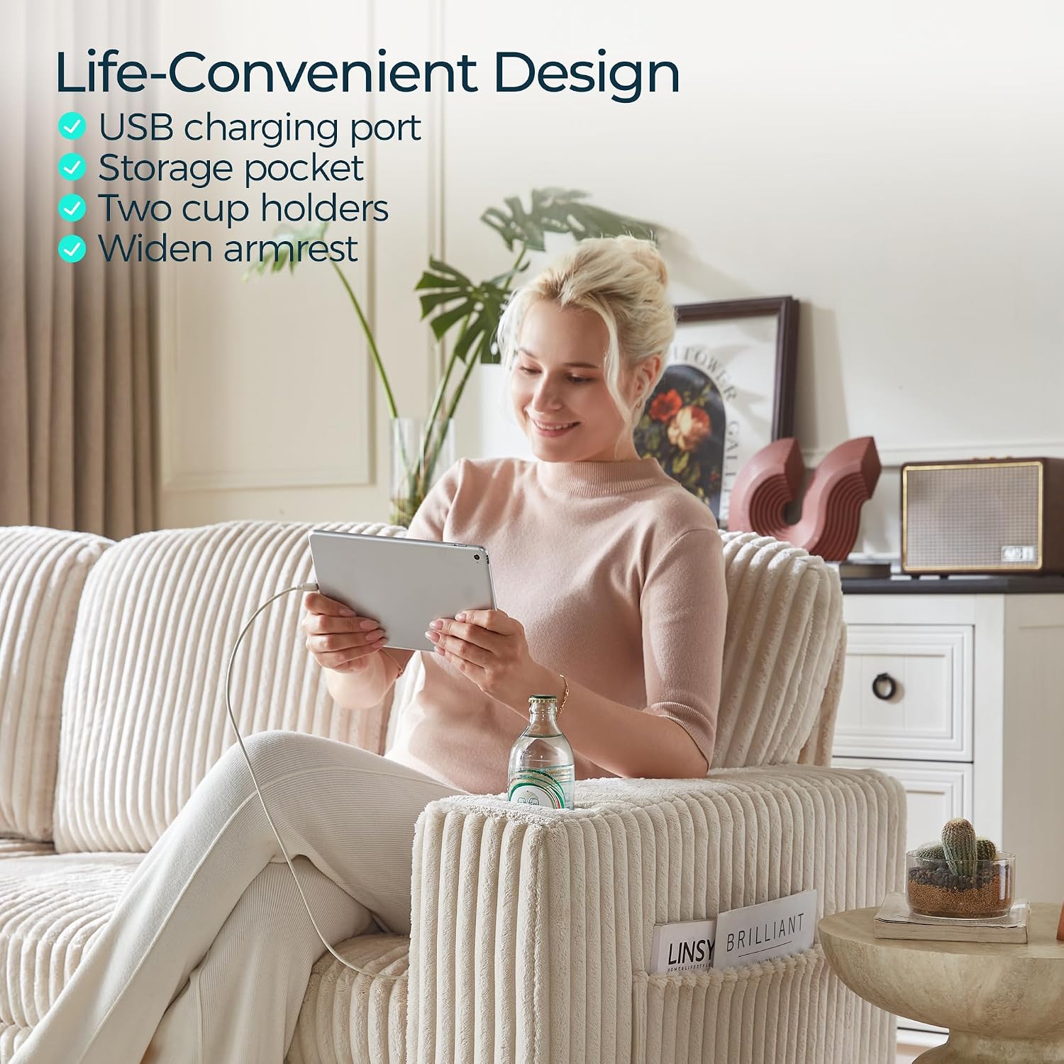 LINSY HOME Loveseat Sofa Couch with USB Charging & Cup Holders, Convertible Pull Out Couch Chaise 2 Seater Sofa, Comfy Plush Corduroy Love Seat for Small Spaces Living Room Apartment (Beige)