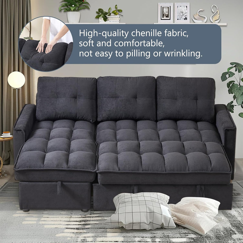 78.75' Sleeper Sofa Couch,Modern L-Shaped Couches, Pull Out Couch with USB Ports&Side Pocket,Sleeper Sectional Sofa for Living Room Apartment,Chenille,Black