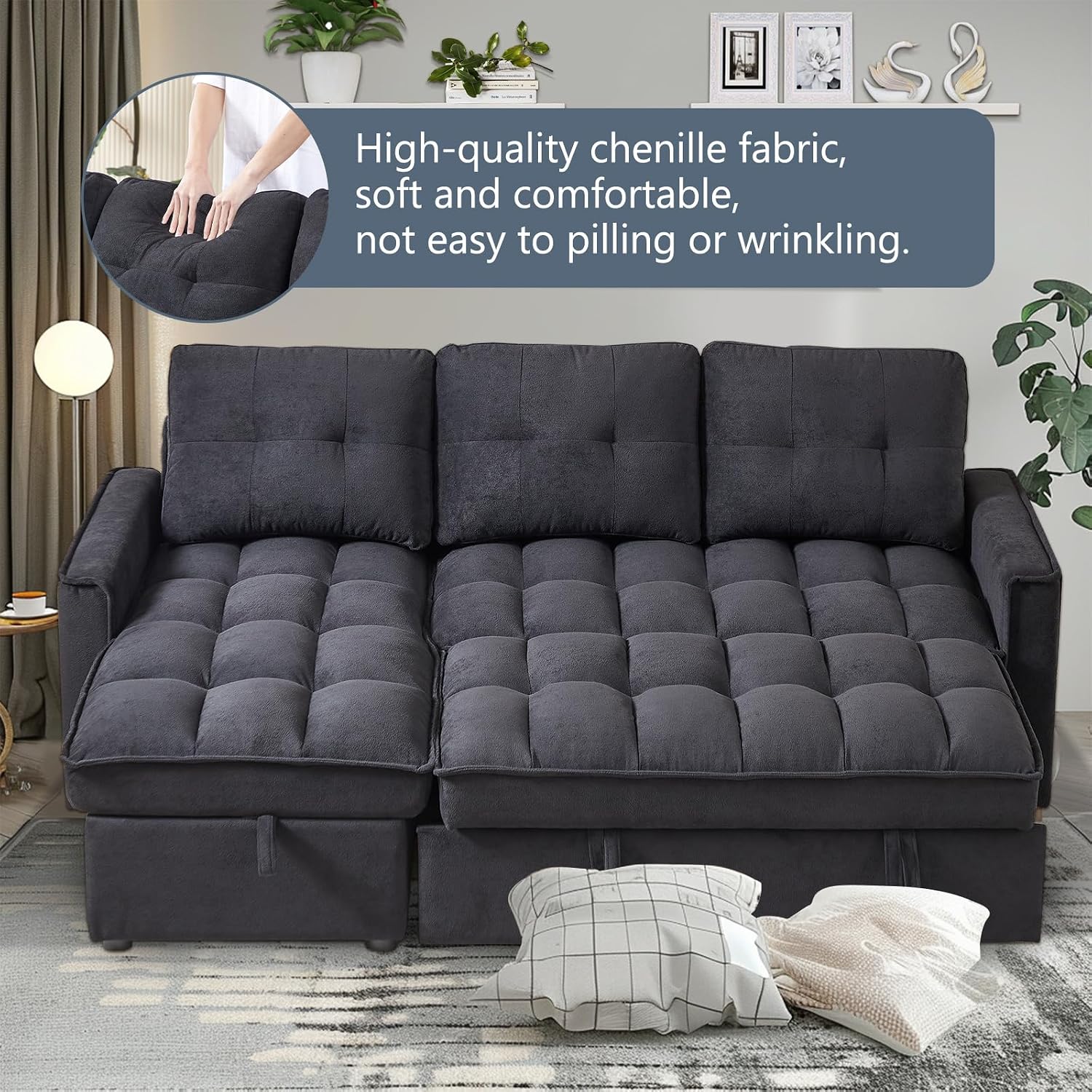 78.75' Sleeper Sofa Couch,Modern L-Shaped Couches, Pull Out Couch with USB Ports&Side Pocket,Sleeper Sectional Sofa for Living Room Apartment,Chenille,Black