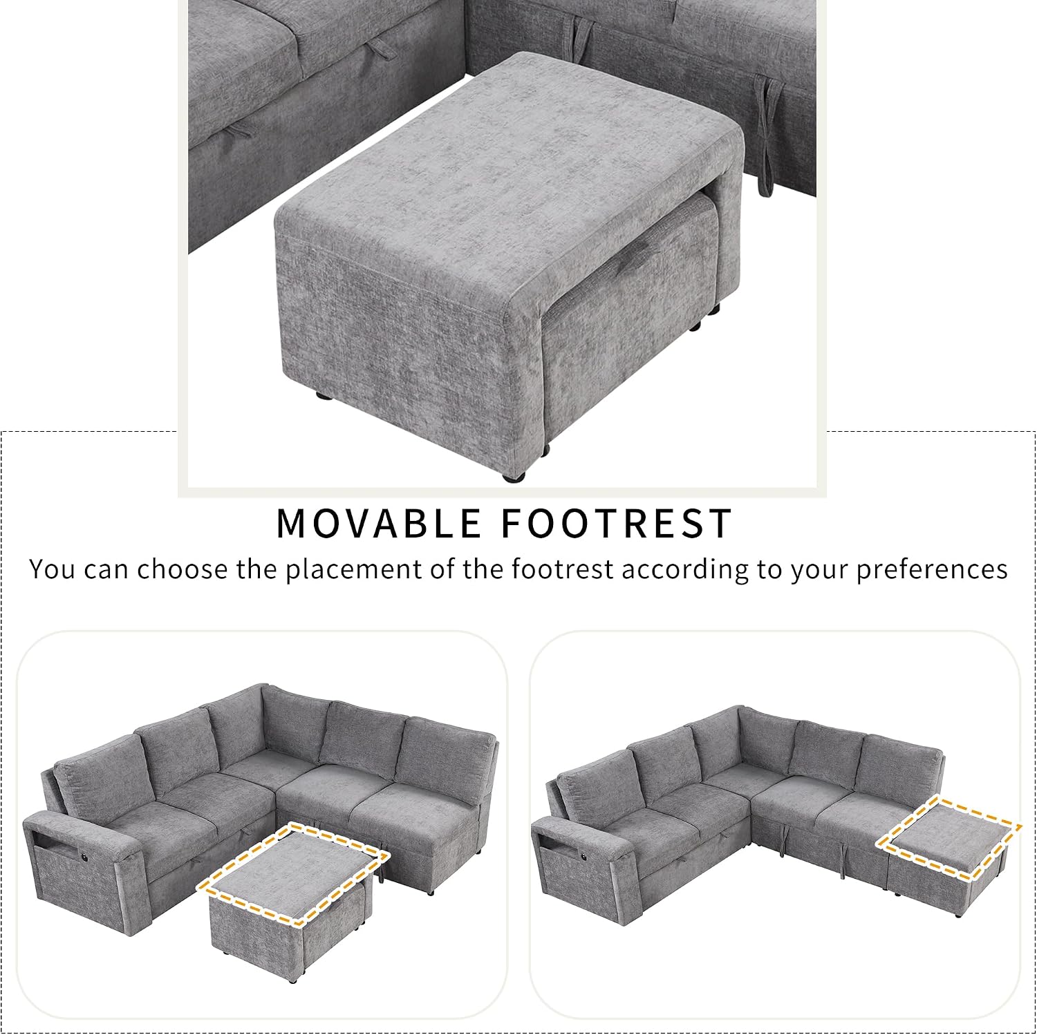 LUMISOL 90' Convertible Sleeper Sofa Bed with Ottoman, L-Shaped Sectional Sofa Bed with USB Ports, Cup Holders & Storage, Modular Sofa Pull Out Couch Bed with Storage Chaise for Living Room, Gray