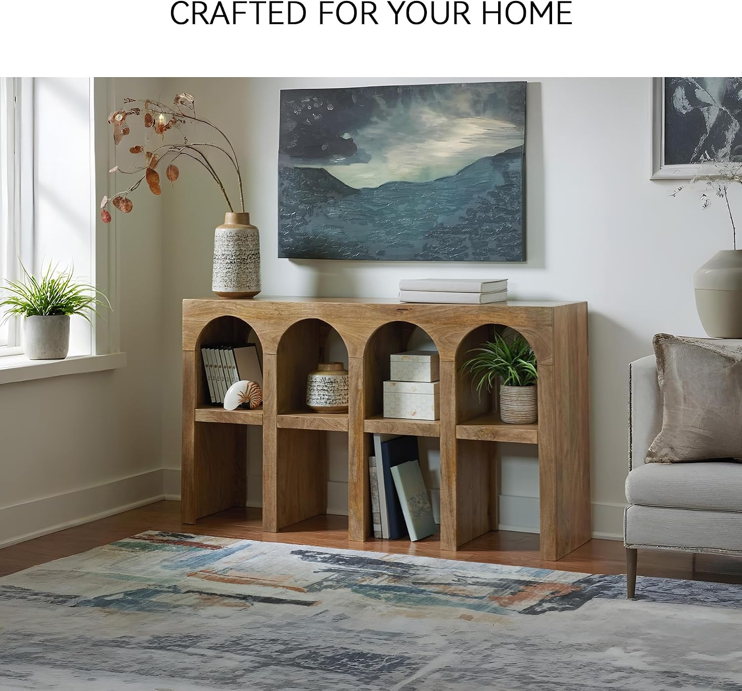 Signature Design by Ashley Luzmanacy Casual Solid Mango Wood Console Sofa Table with Shelf, Light Brown