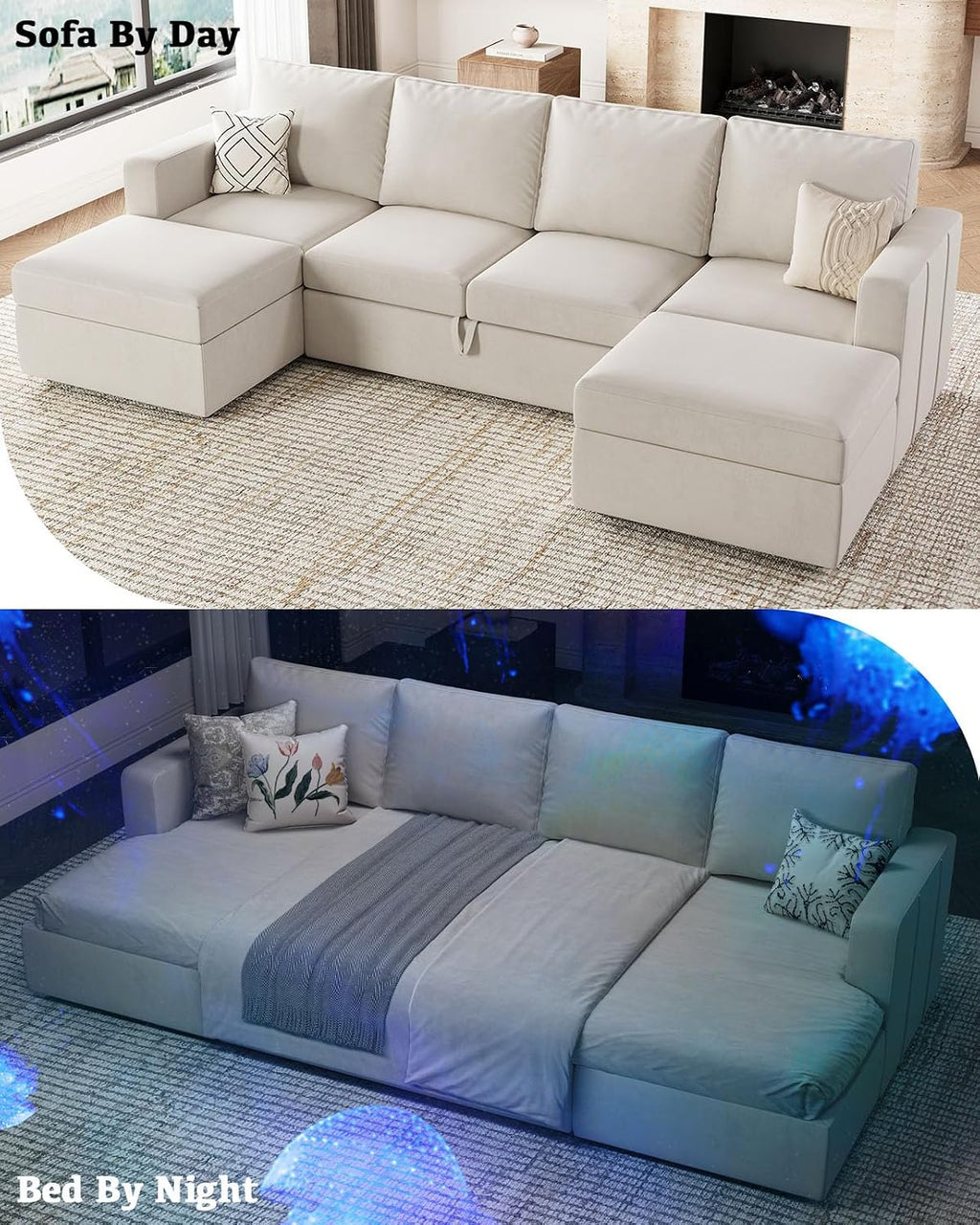 Belffin Modular Sectional Sleeper Sofa Bed with Pull Out Couch, U Shaped Sleeper Pull Out Bed, Convertible Sectional Couches for Living Room, Beige