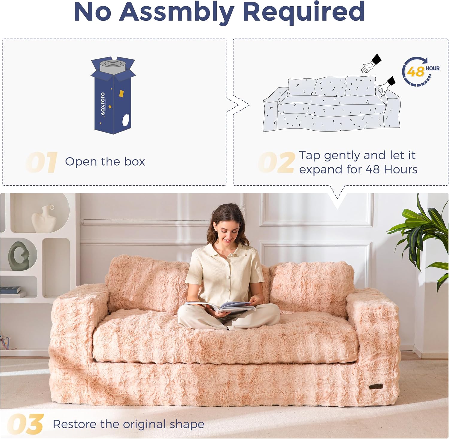MAXYOYO 3 Seater Sofa for Living Room, Tufted Boneless Couch Bubbled Sofa Couch, Comfy Bean Bag Chair for Bedroom Apartment, No Assembly Needed, Pink