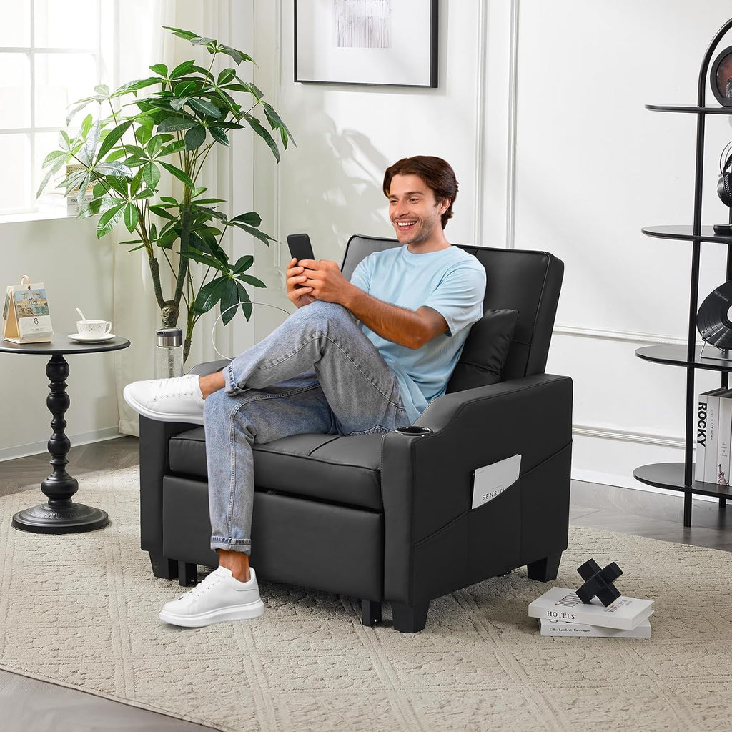VINGLI Sleeper Chair 3-in-1 Convertible Sofa Bed Adjustable Recliner Sofa Modern Pull Out Couch Bed with 2 USB Ports 2 Cup Holders 2 Side Pockets for Living Room Bedroom Small Spaces, Black