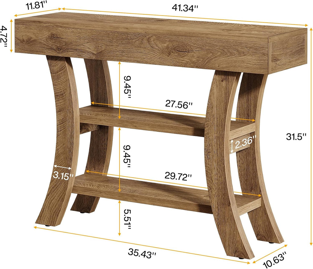 Tribesigns 41' Small Console Table for Entryway, 3-Tier Narrow Rustic Sofa Table with Storage Shelves and Curved Frame for Living Room, Entry, Hallway, Foyer (Oak Brown)