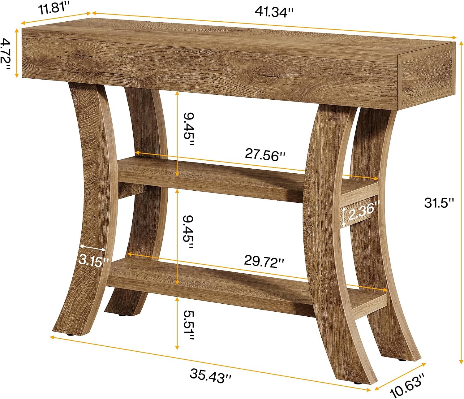 Tribesigns 41' Small Console Table for Entryway, 3-Tier Narrow Rustic Sofa Table with Storage Shelves and Curved Frame for Living Room, Entry, Hallway, Foyer (Oak Brown)