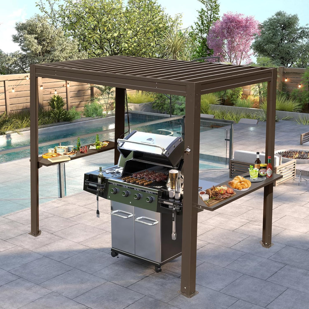 8x5 FT Grill Louvered Pergola for Outdoor Grill, Hardtop Grill Pergola with Built-in Gutter & Adjustable Rainproof Roof, Metal Shelter Gazebo for Patio Backyard Deck -Brown