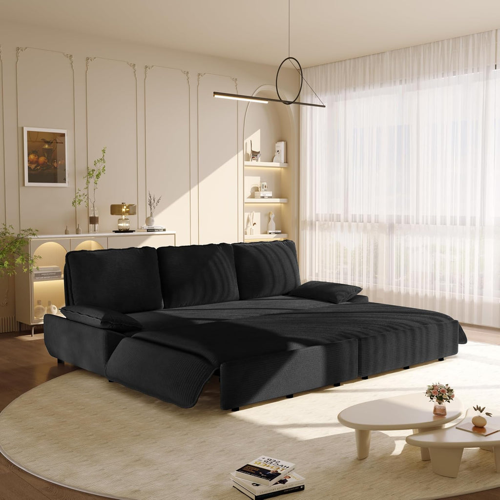 94.5'' King Size Sleeper Sofa Bed, 3-in-1 Corduroy 3-Seater Sofabed, Pull-Out Couch, Upholstered Cloud Pullout Futon, Space Saving for Living Room, Black