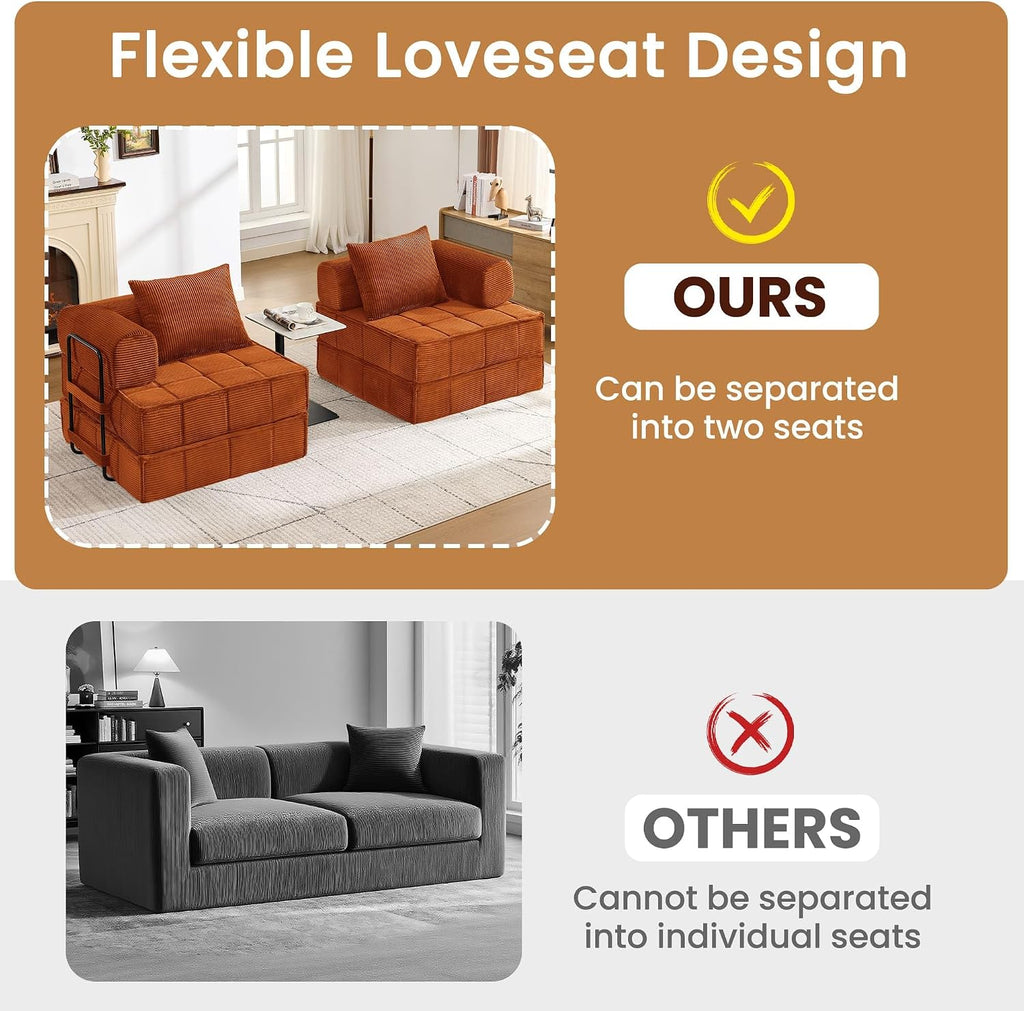 Korser Folding Convertible Sofa Bed, Corduroy Upholstered Boneless Couch, Small Sectional Cloud Couch, Loveseat Sleeper Sofa, Modular Futon Floor Sofa Couch for Living Room Bedroom Lounge, No Assembly