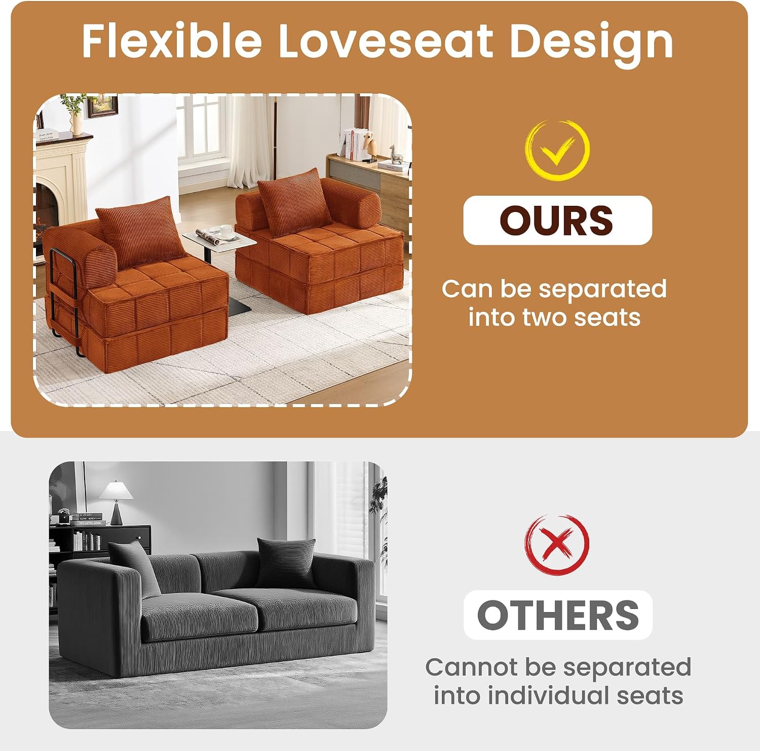 Korser Folding Convertible Sofa Bed, Corduroy Upholstered Boneless Couch, Small Sectional Cloud Couch, Loveseat Sleeper Sofa, Modular Futon Floor Sofa Couch for Living Room Bedroom Lounge, No Assembly
