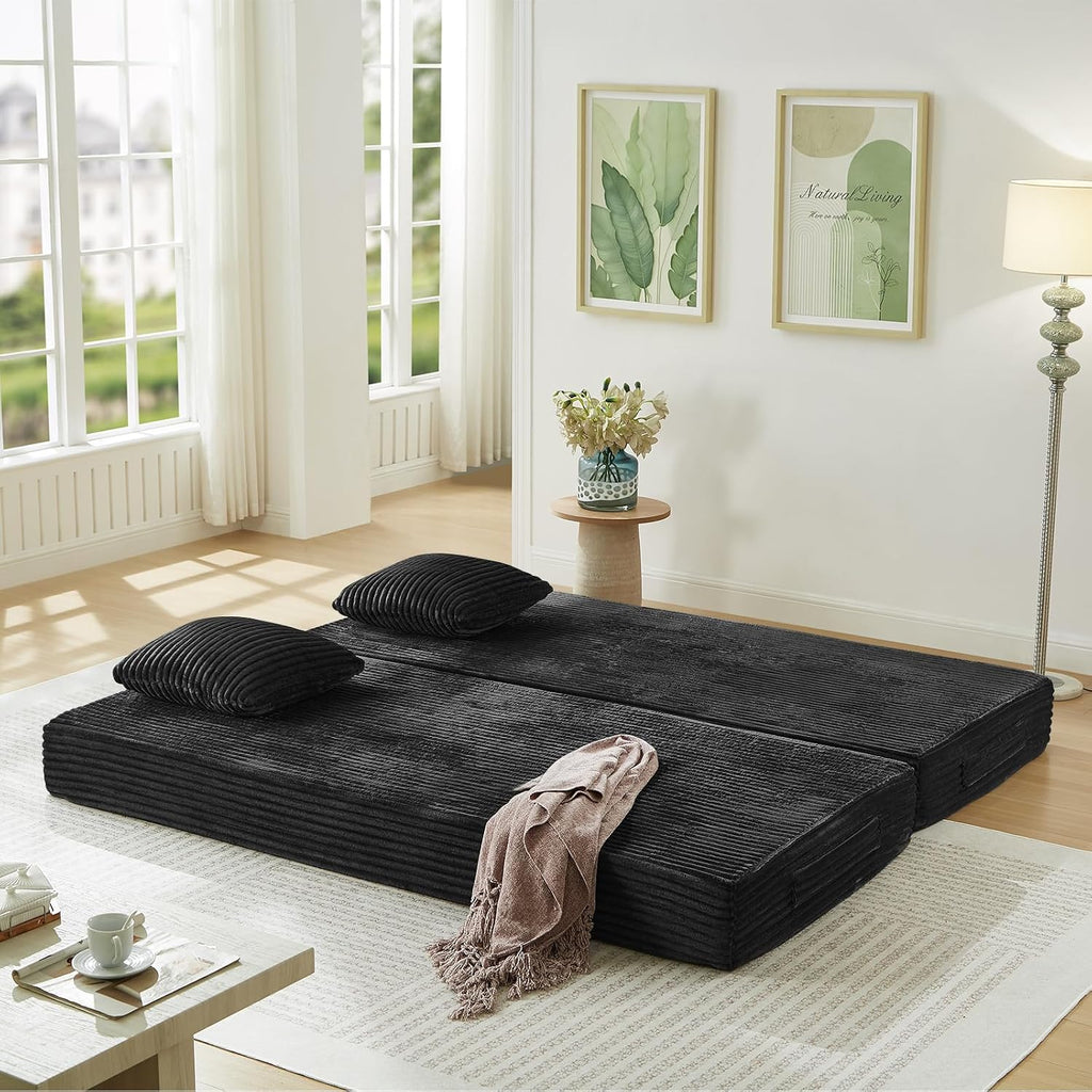 Antetek Modular Couch Bed, Convertible Folding Plush Corduroy Comfy Floor Compression Loveseat Sleeper Sofa Couch, King Size Bed for Guest Room Living Room Bedroom, No Assembly Required, Black