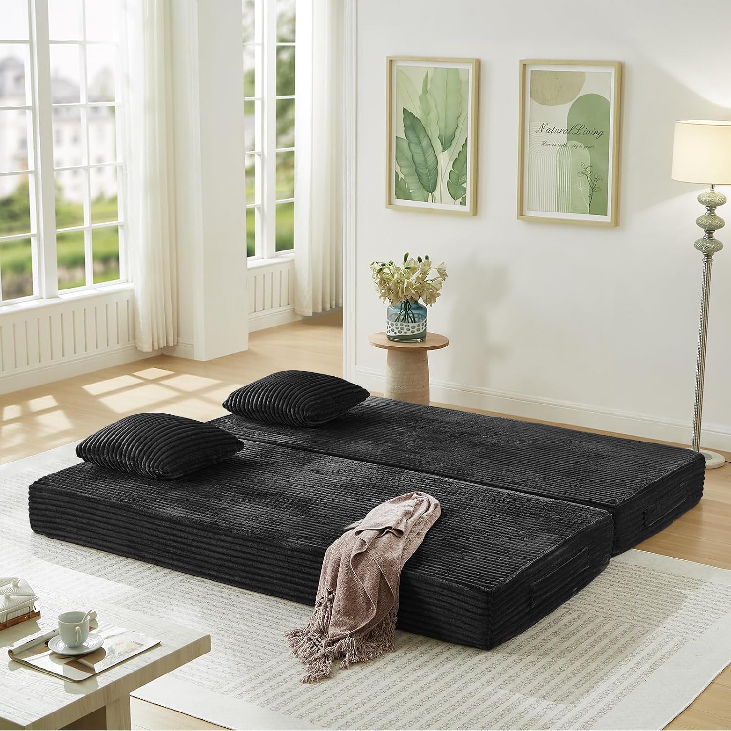 Antetek Modular Couch Bed, Convertible Folding Plush Corduroy Comfy Floor Compression Loveseat Sleeper Sofa Couch, King Size Bed for Guest Room Living Room Bedroom, No Assembly Required, Black