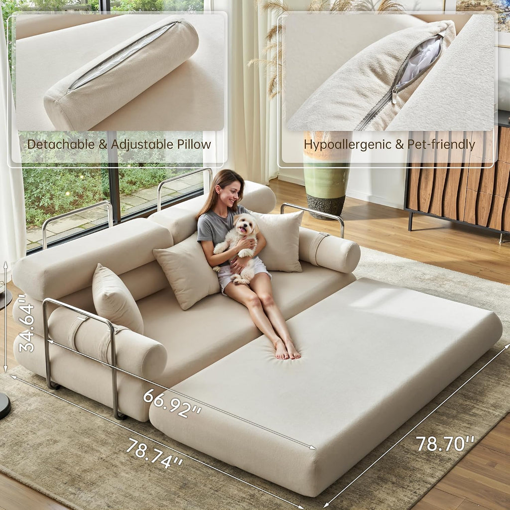 YINIX Convertible Sleeper Sofa - 35'' High-Back Floor Couch Bed - Folding Sofa Bed with Rounded Arm Supports - Floor Sofa Lounge Sofa Bed for Living Room - Beige