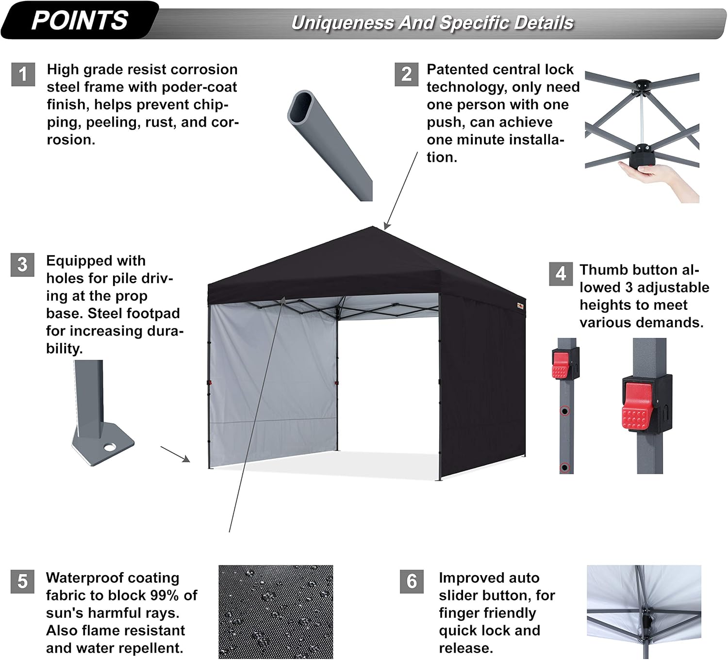 ABCCANOPY Easy Pop up Canopy Tent with 2 Sidewalls for Outdoor Sun Blocking or Rain Protection, 8x8, Black