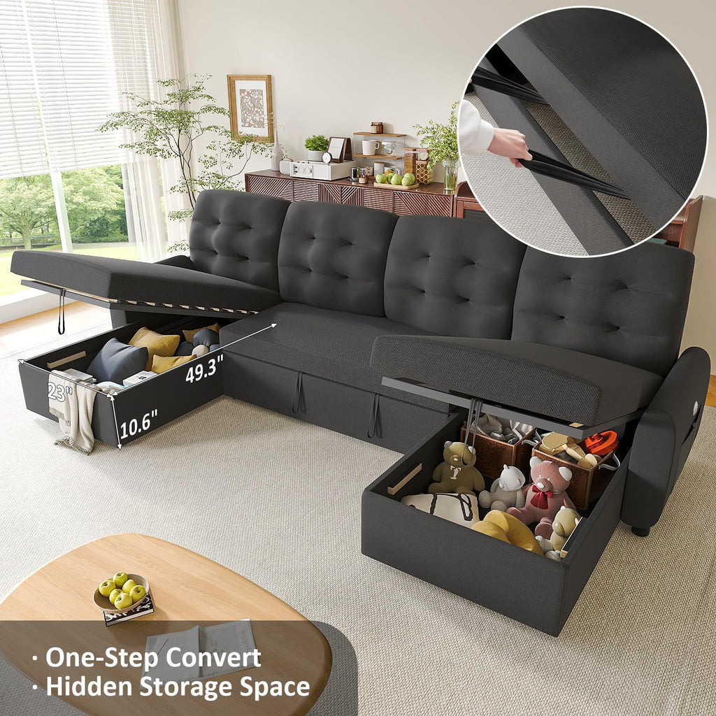 Ucloveria Sleeper Sofa Bed, 112' U Shaped Sectional Sofa Couches for Living Room, Pull Out Couch Bed with Dual Reversible Storage Chaise | Charging Station | Side Pockets | Removable Backrest