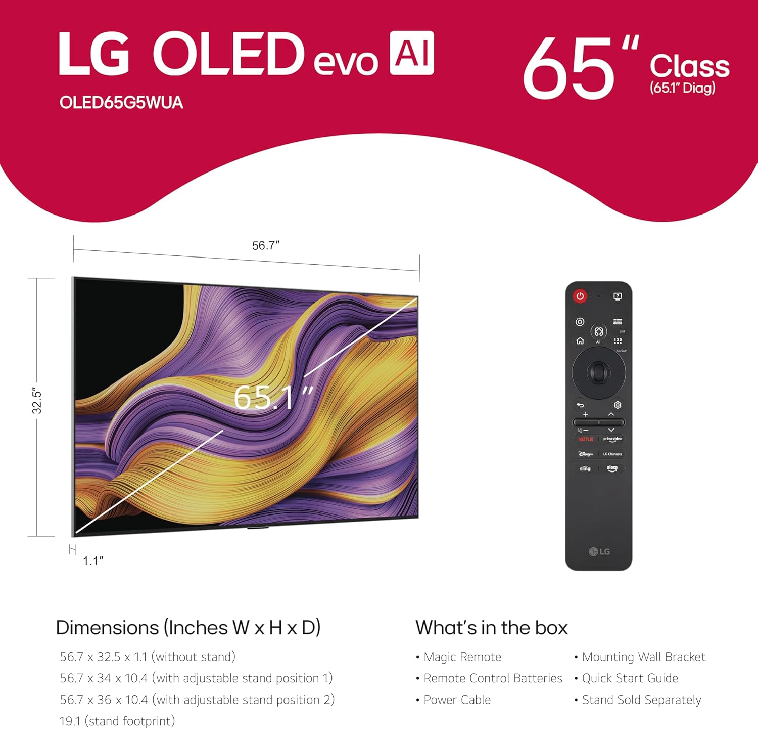 LG (Refurbished) 65-Inch Class OLED evo AI 4K G5 Series Smart TV w/Dolby Atmos, Dolby Vision, HDR10, AI Super Upscaling 4K, Filmmaker Mode, Wow Orchestra, Alexa Built-in (OLED65G5WUA, 2025) (Renewed)