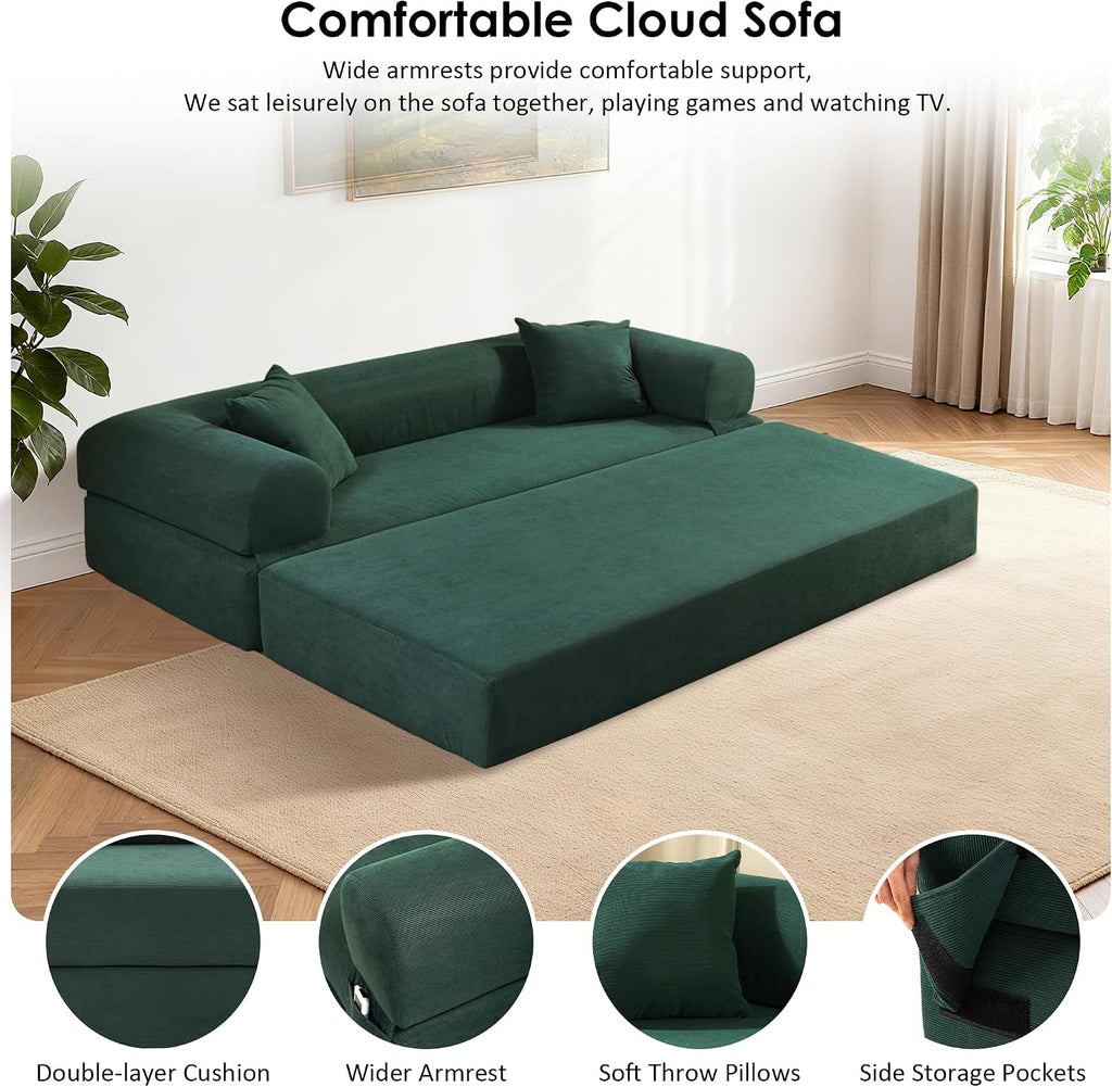 80' Convertible Sofa Bed, 3-in-1 Corduroy Folding Pull Out Couch with Pillows, No Assembly Modern Boneless Couch Compression Sofa in Box, Floor Sofa with Side Storage Pocket for Living Room,Dark Green
