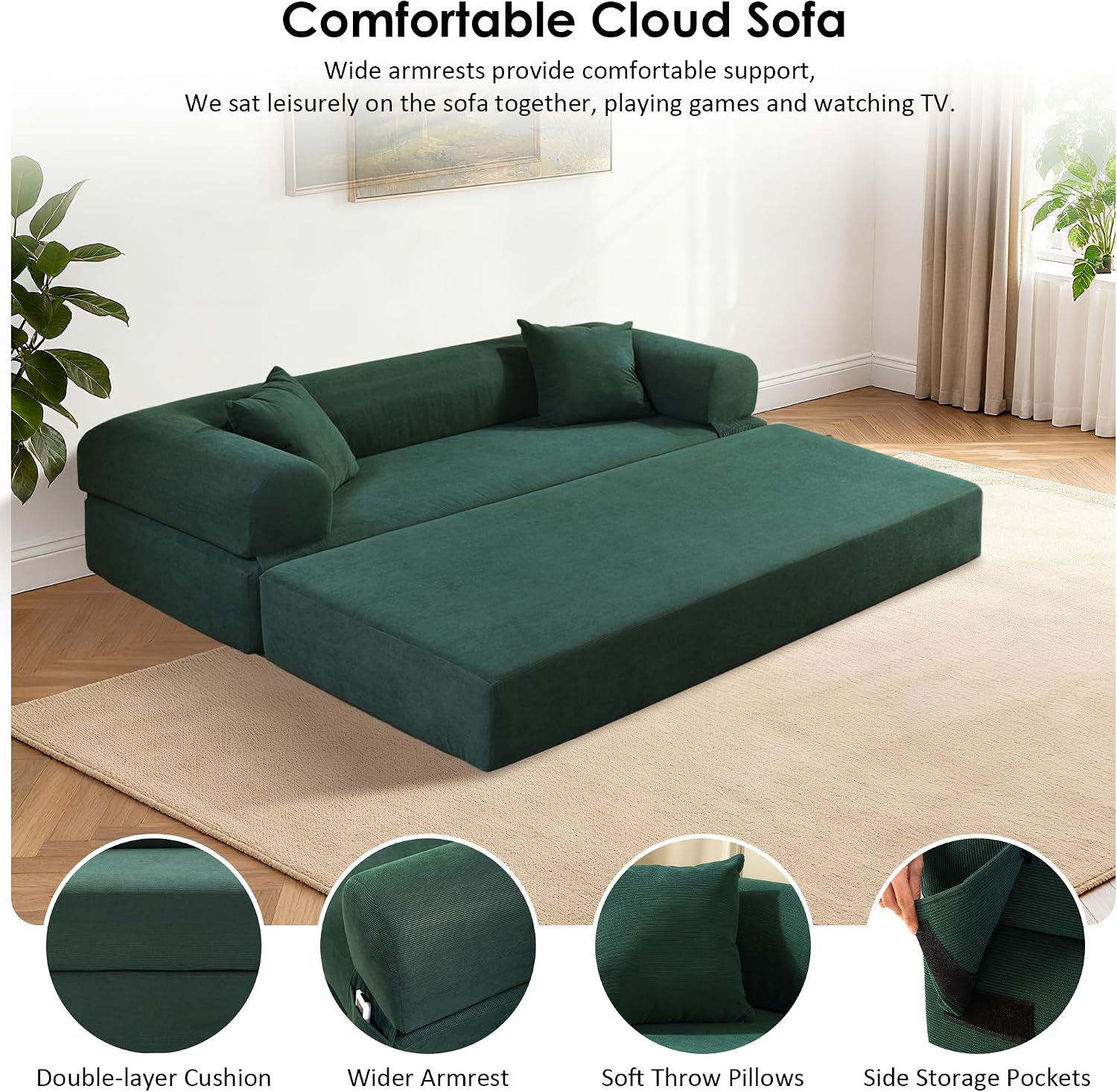 80' Convertible Sofa Bed, 3-in-1 Corduroy Folding Pull Out Couch with Pillows, No Assembly Modern Boneless Couch Compression Sofa in Box, Floor Sofa with Side Storage Pocket for Living Room,Dark Green