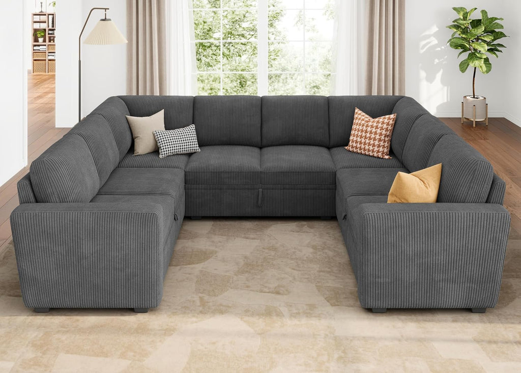 HONBAY Modular Sectional Pull Out Couch Bed, Corduroy Sleeper Sofa with Storage Seats, Oversized U Shaped Sectional Couches for Living Room, Dark Grey