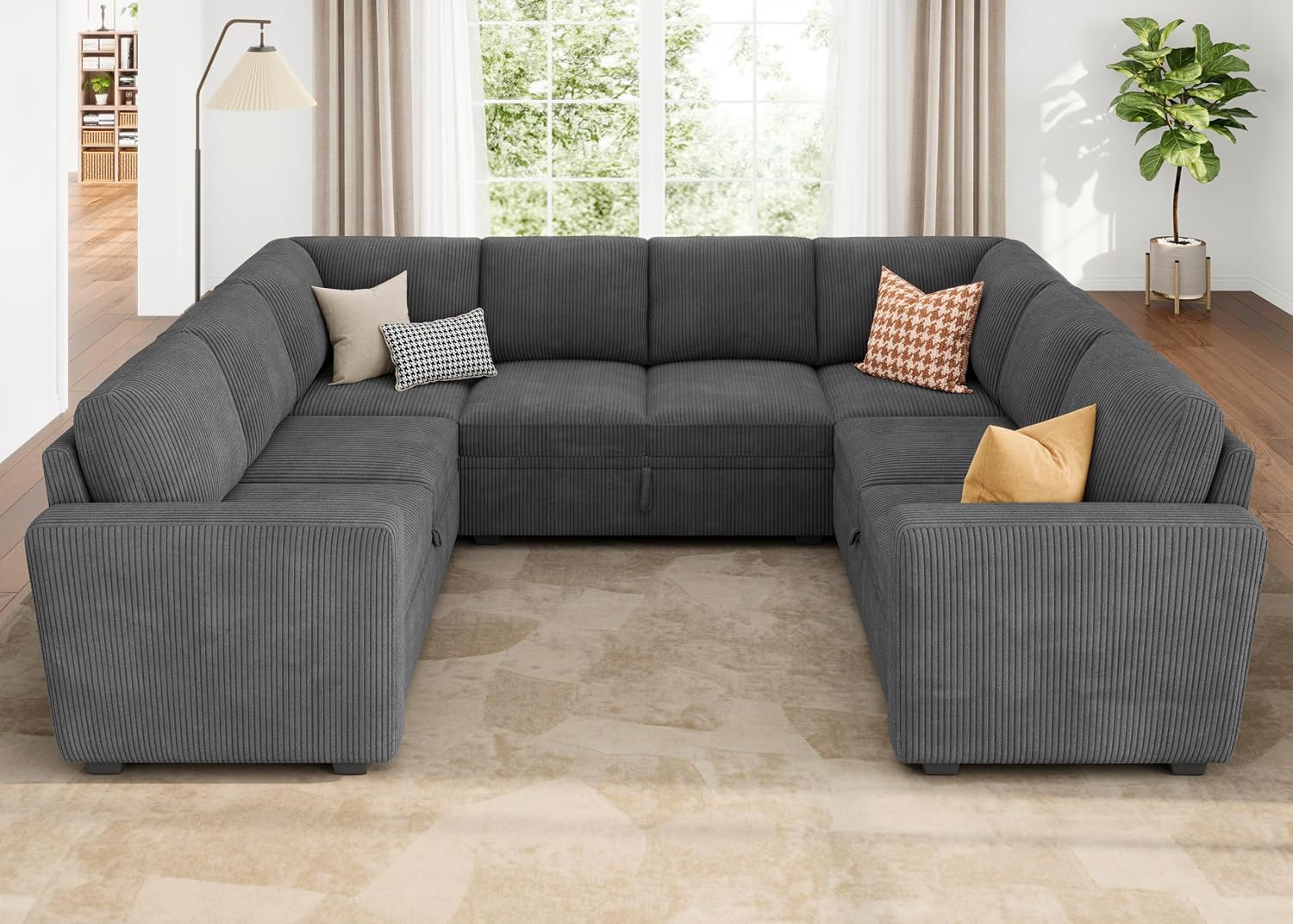 HONBAY Modular Sectional Pull Out Couch Bed, Corduroy Sleeper Sofa with Storage Seats, Oversized U Shaped Sectional Couches for Living Room, Dark Grey