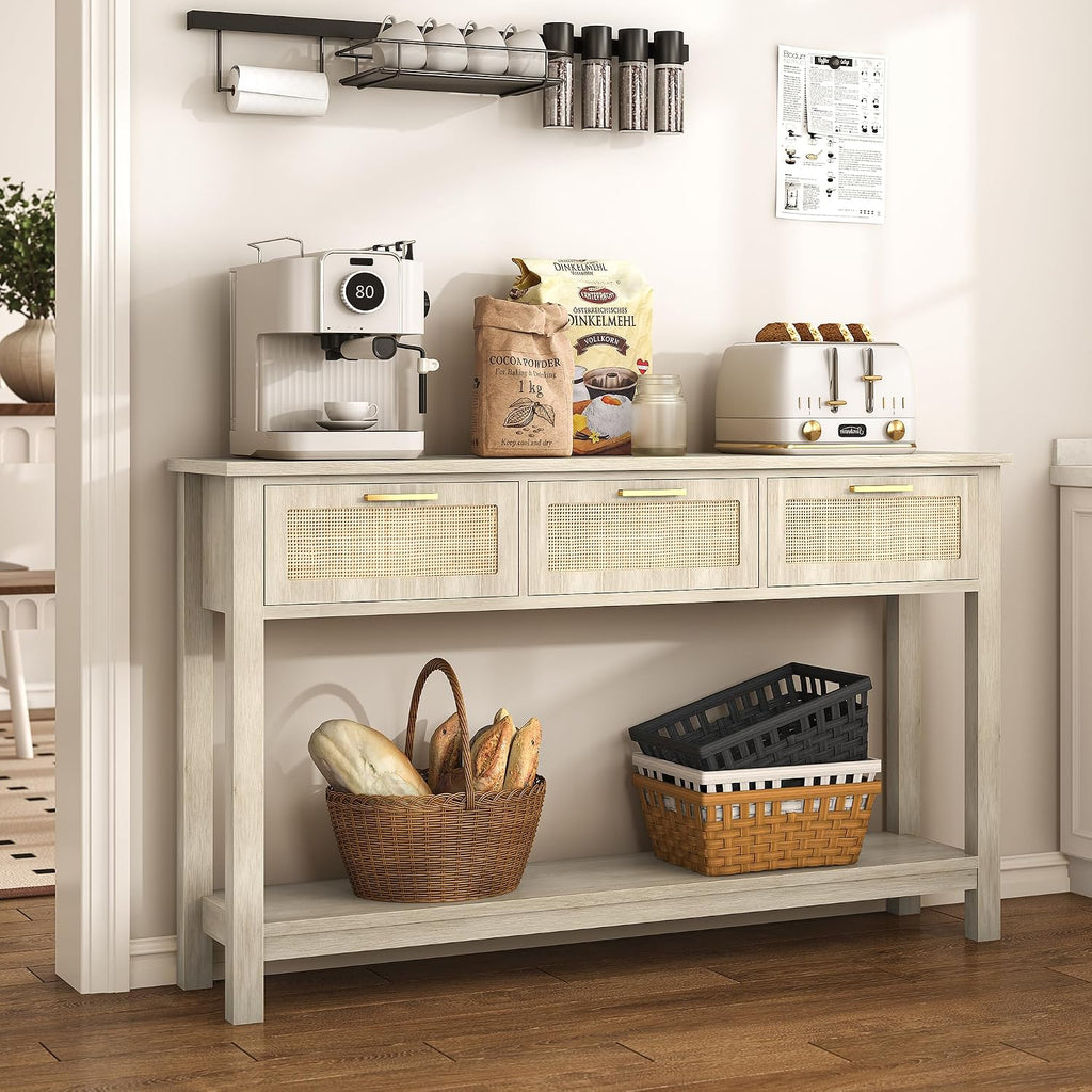 ELYKEN Rattan 51.2' Console Table with 3 Drawer, Entryway Table with Drawer & Shelf, Boho Sofa Table Behind Couch Foyer for Living Room, Hallway, Natural Wood