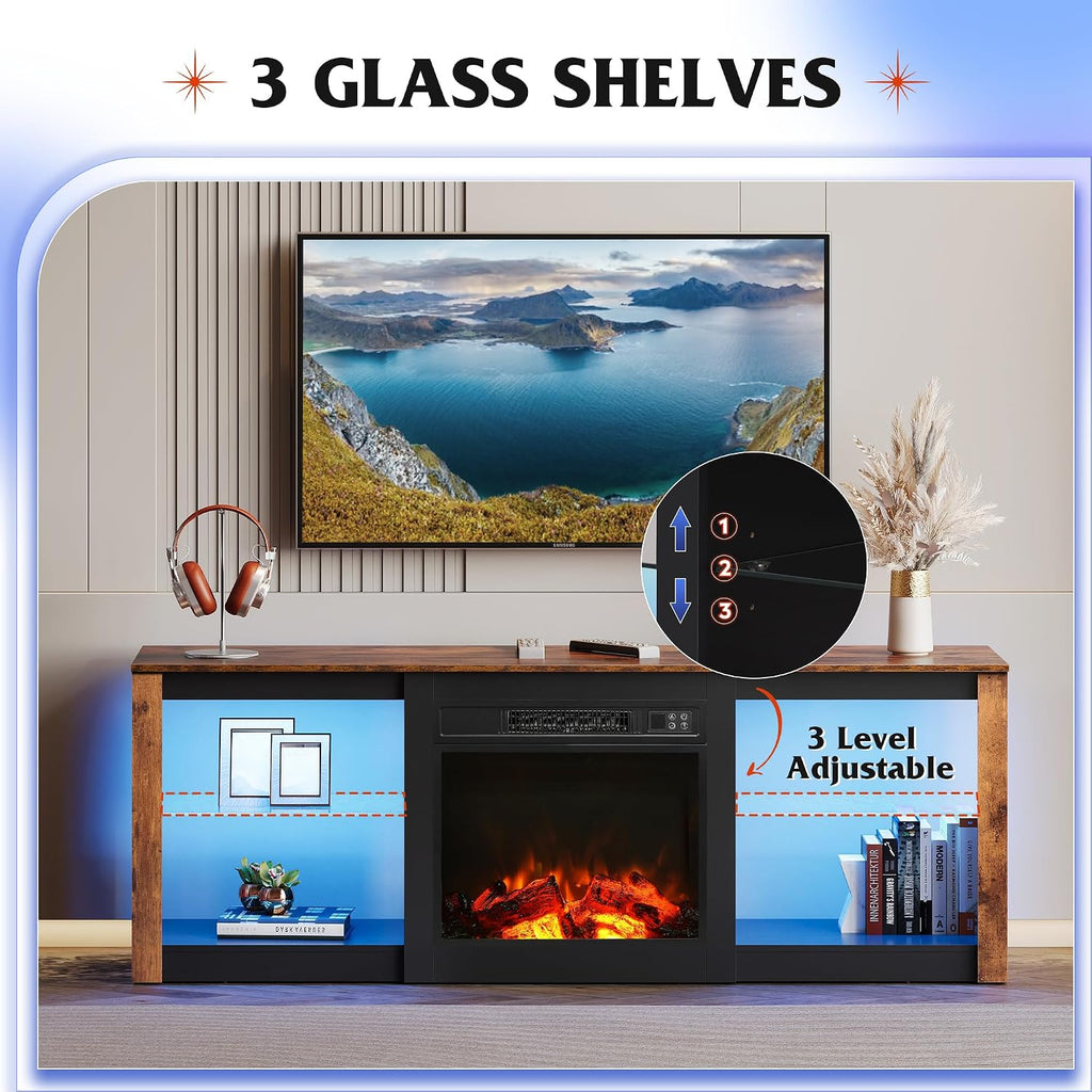 WLIVE 58 Inches Fireplace TV Stand with LED Lights, Modern Entertainment Center with 18'' Electric Fireplace & Adjustable Glass Shelves, Sturdy Media Console for Living Room, Bedroom (Brown)